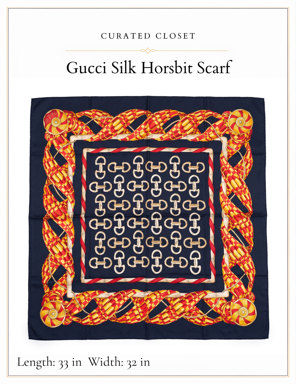 Gucci Vintage Horsebit Silk Scarf | Navy Red Gold Equestrian Print | 33 x 32 in