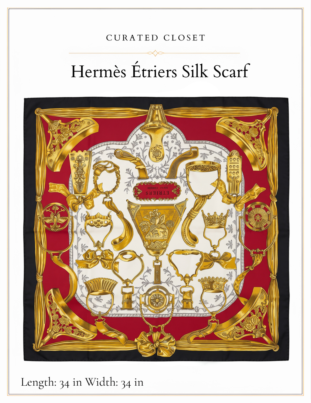 Hermès Étriers 90 Silk Scarf | Red Black Gold Equestrian Print | 34 x 34 in