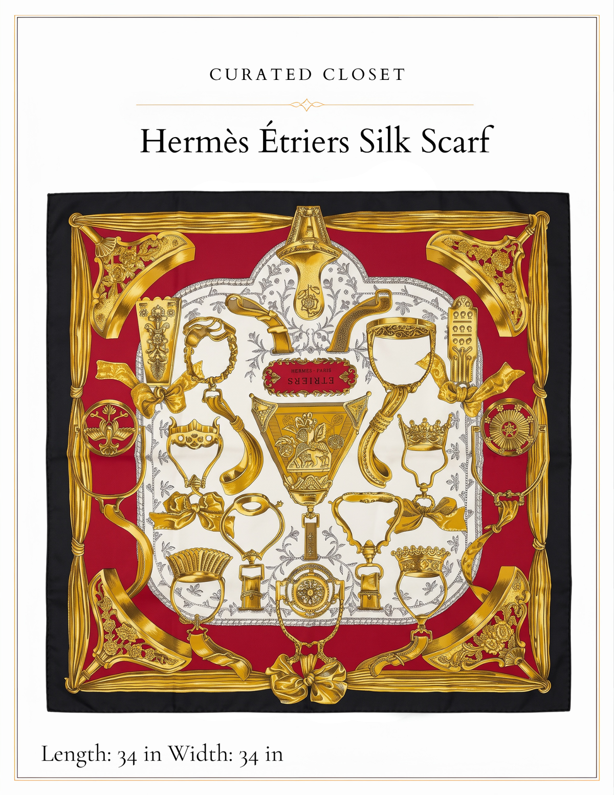 Hermès Étriers 90 Silk Scarf | Red Black Gold Equestrian Print | 34 x 34 in