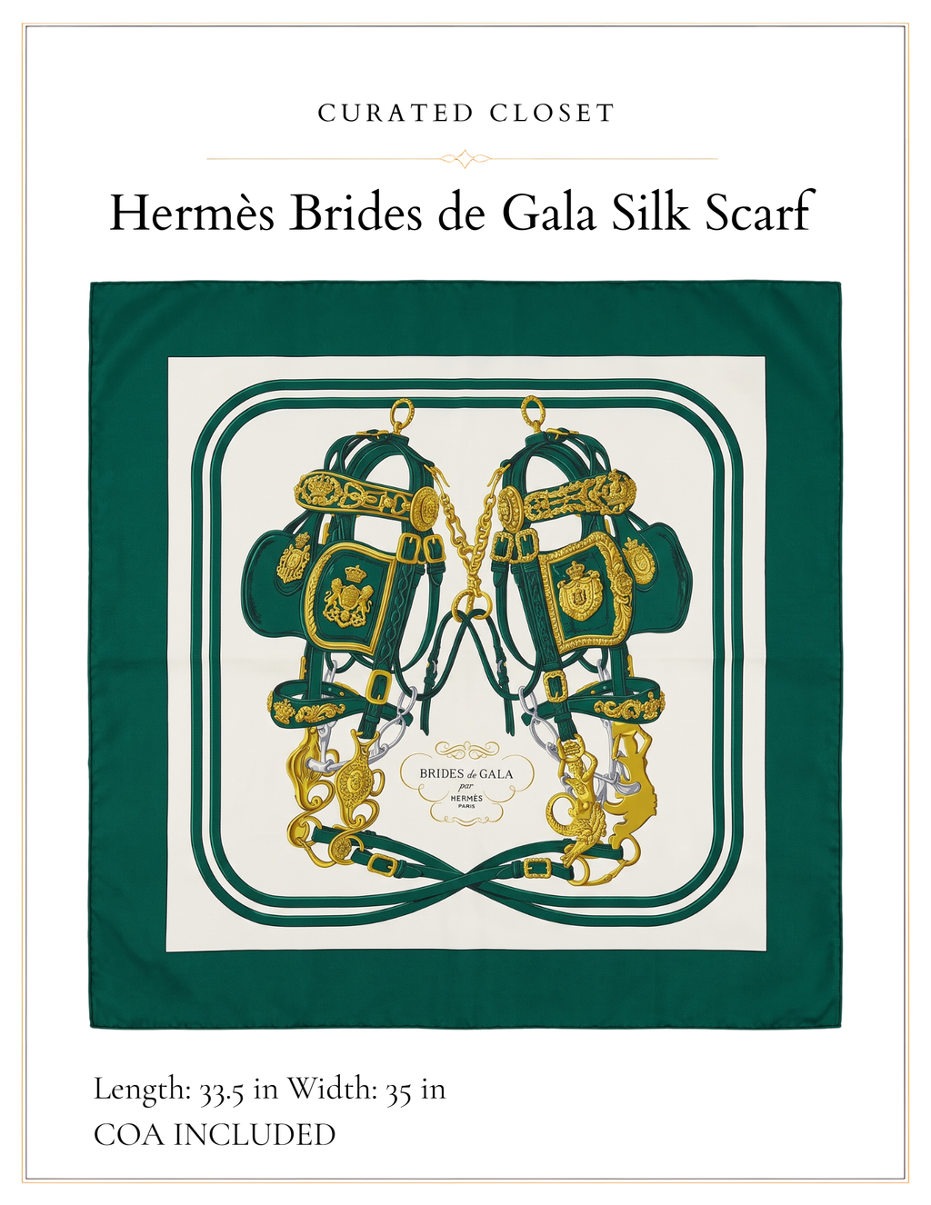 Hermès Brides de Gala Carré 90 Silk Scarf | Green Ivory Gold | COA