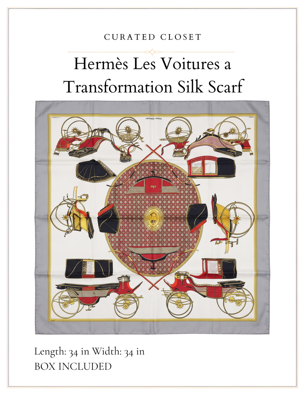 Hermès Les Voitures à Transformation Carré 90 Silk Scarf | Grey Red Gold | Box Included