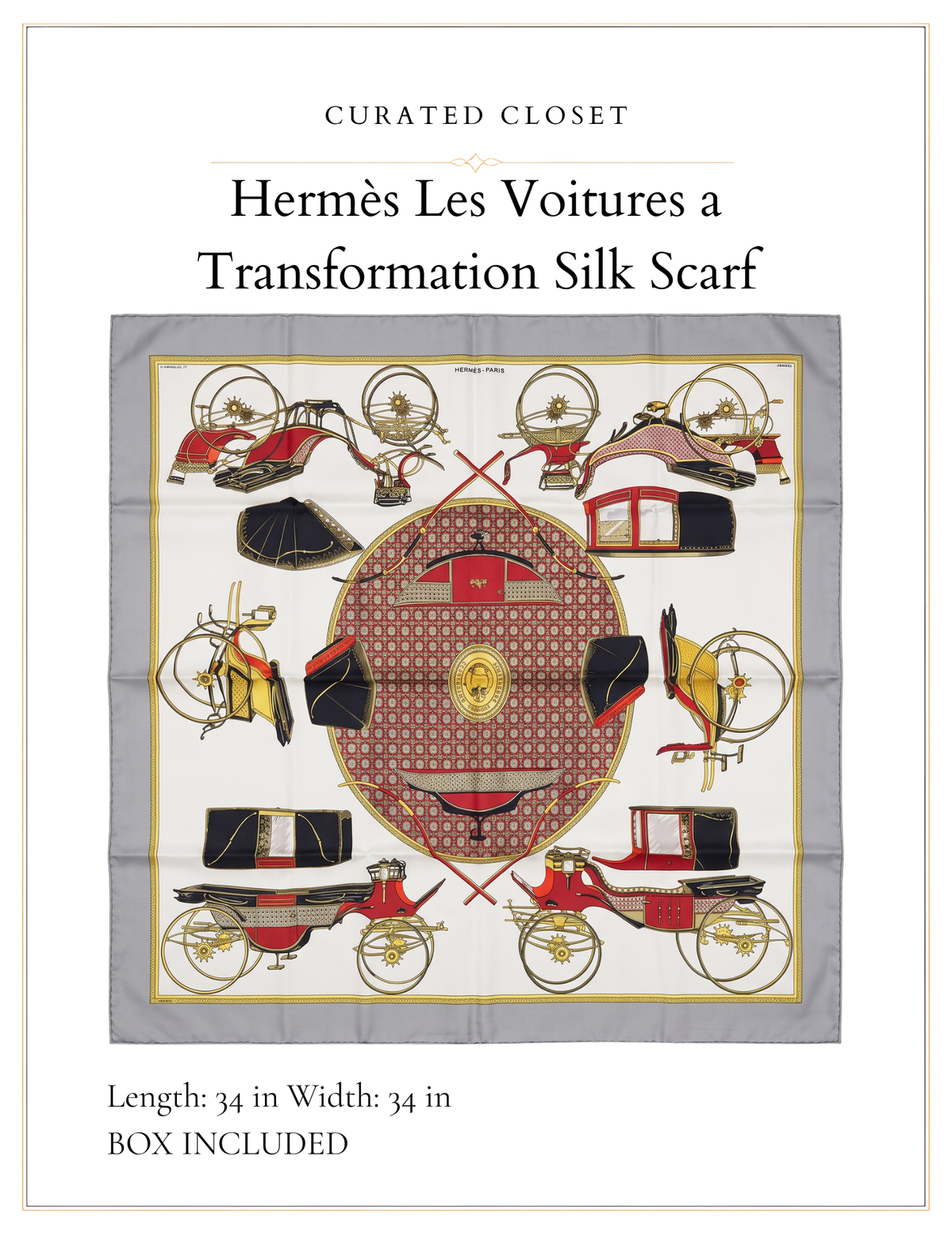 Hermès Les Voitures à Transformation Carré 90 Silk Scarf | Grey Red Gold | Box Included