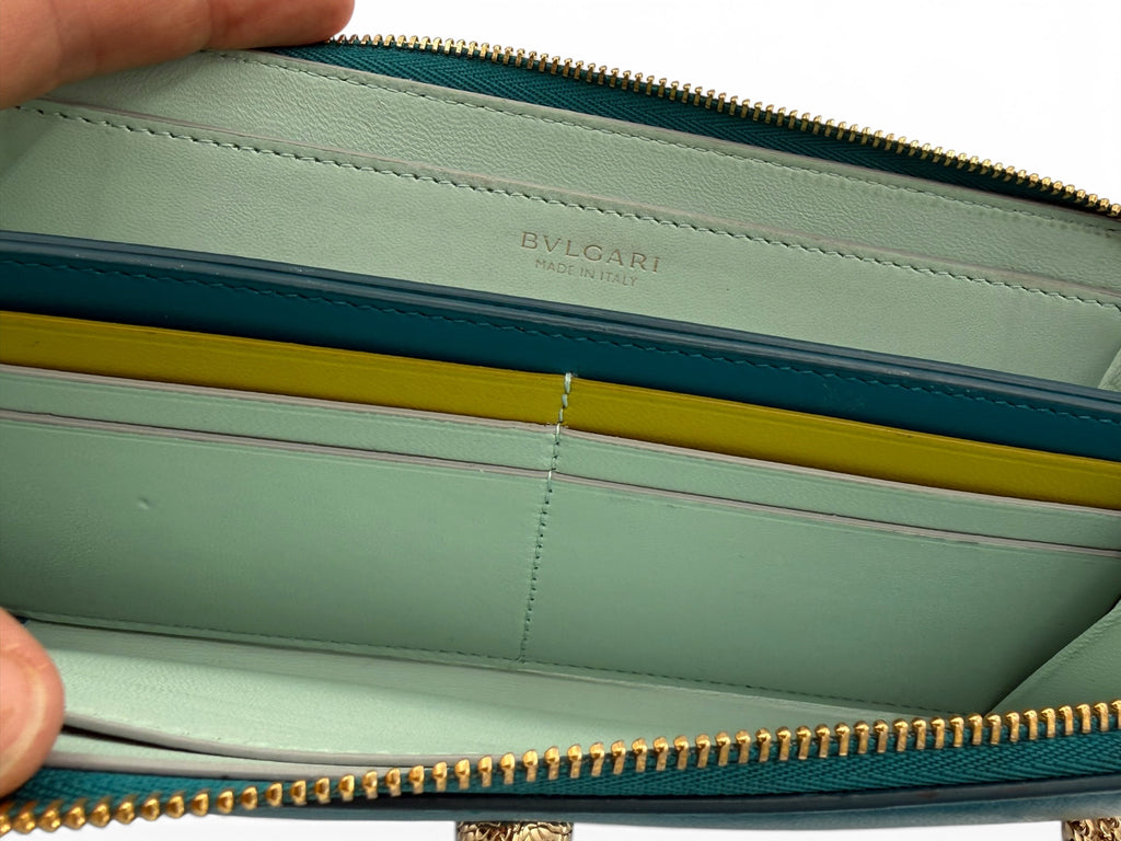 Bvlgari Serpenti Forever Turqoiuse Leather Zip Wallet on Chain, Box, NFC Card & Papers