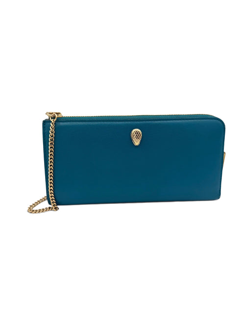 Bvlgari Serpenti Forever Turqoiuse Leather Zip Wallet on Chain, Box, NFC Card & Papers