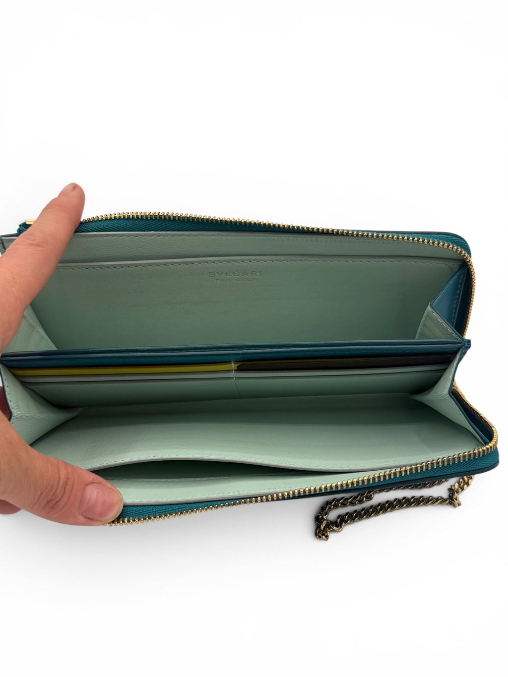 Bvlgari Serpenti Forever Turqoiuse Leather Zip Wallet on Chain, Box, NFC Card & Papers