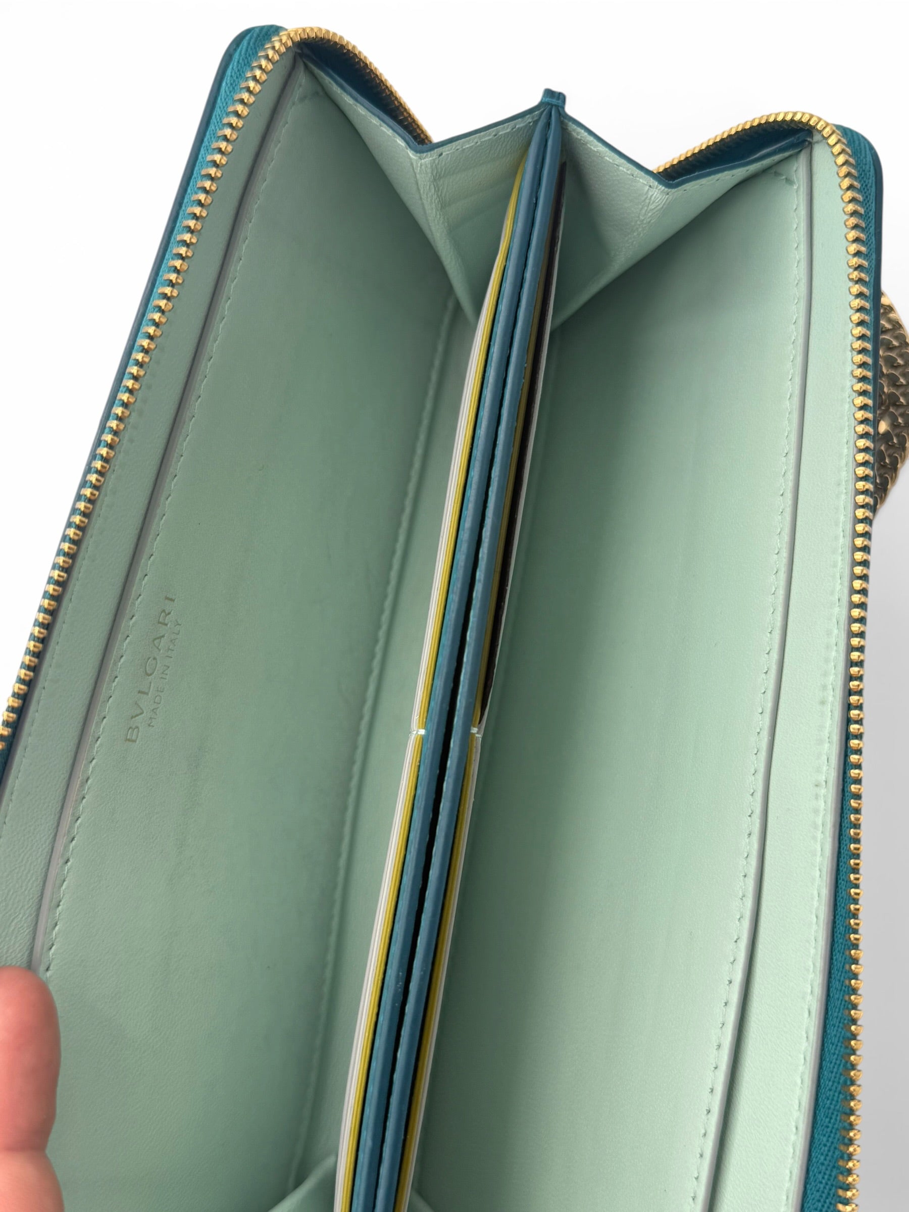 Bvlgari Serpenti Forever Turqoiuse Leather Zip Wallet on Chain, Box, NFC Card & Papers