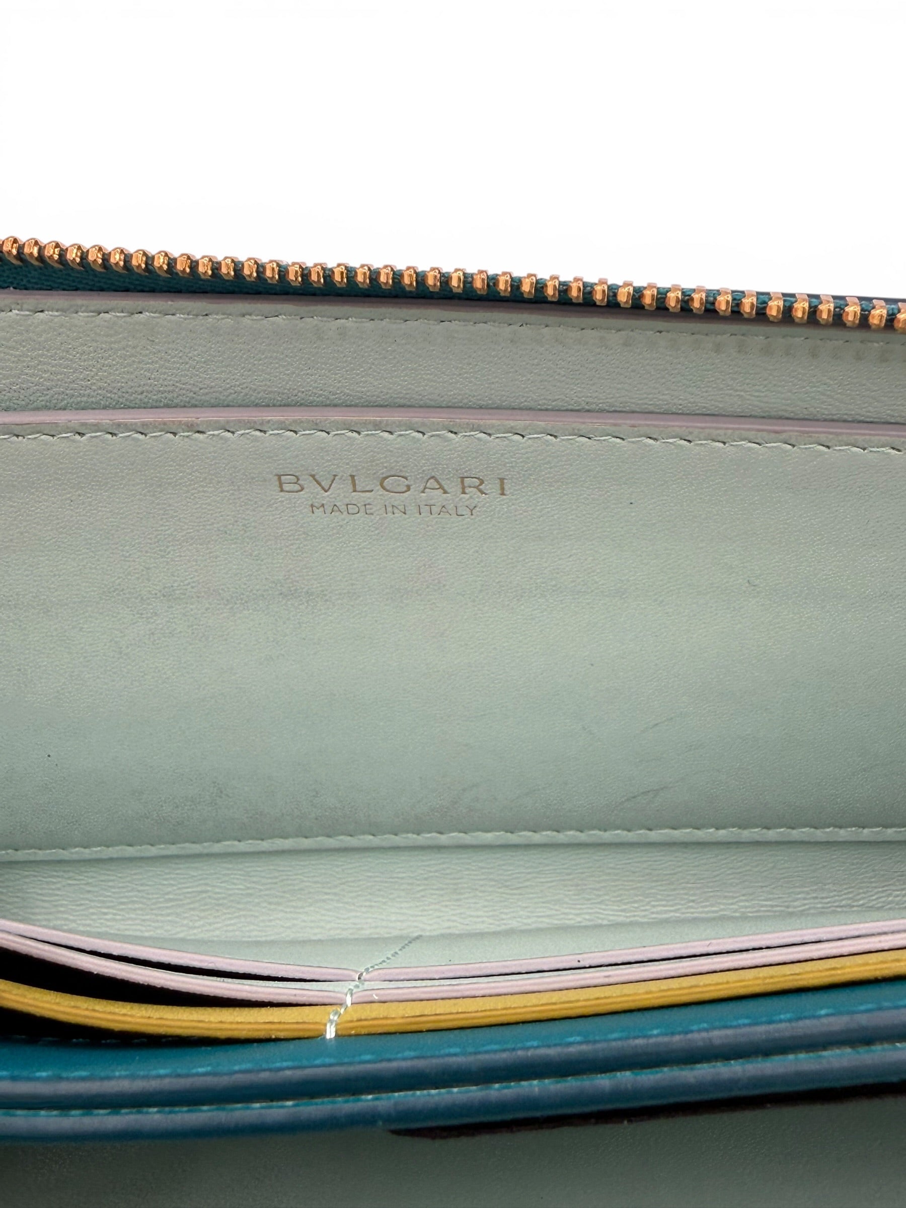 Bvlgari Serpenti Forever Turqoiuse Leather Zip Wallet on Chain, Box, NFC Card & Papers
