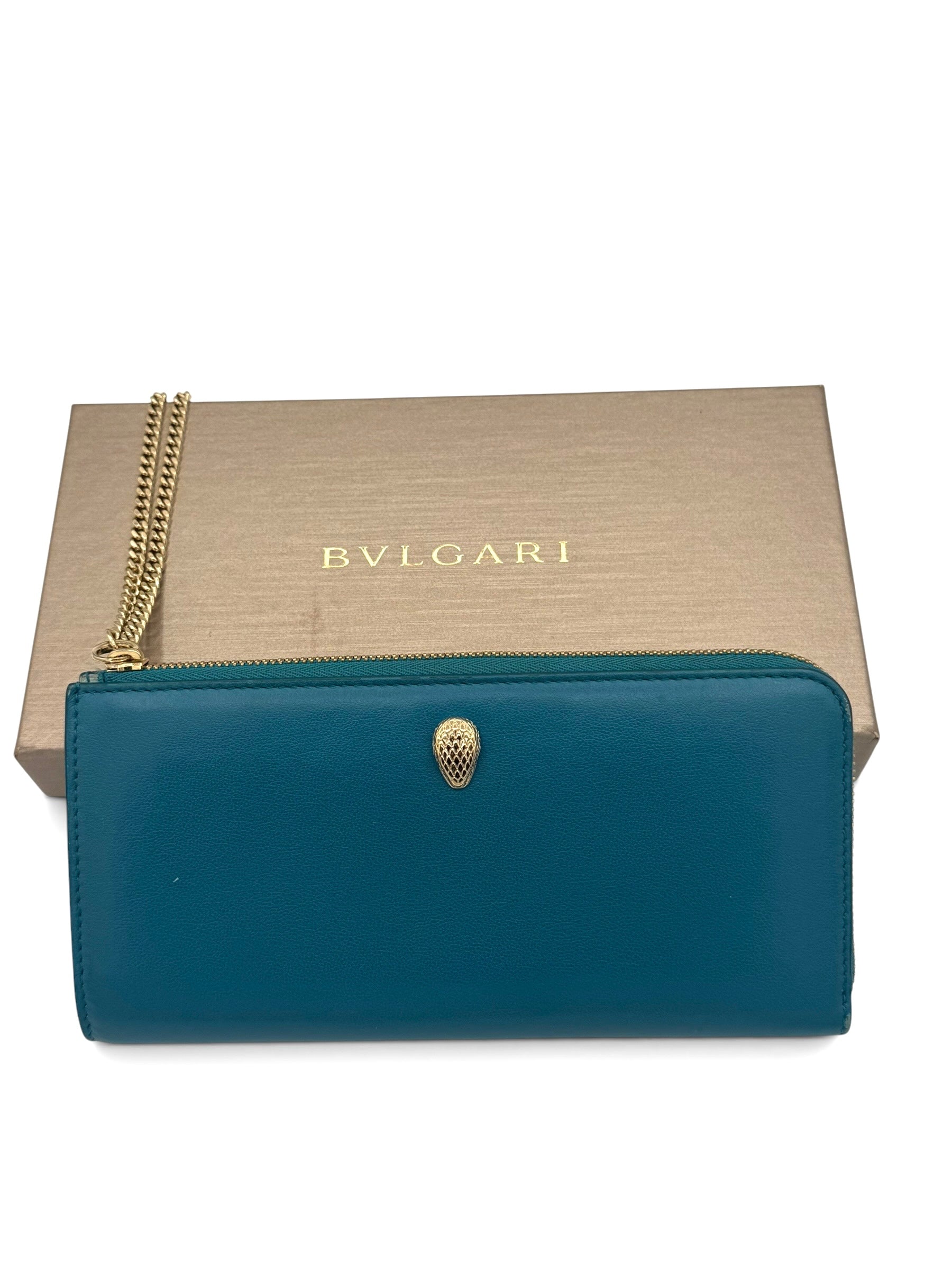Bvlgari Serpenti Forever Turqoiuse Leather Zip Wallet on Chain, Box, NFC Card & Papers