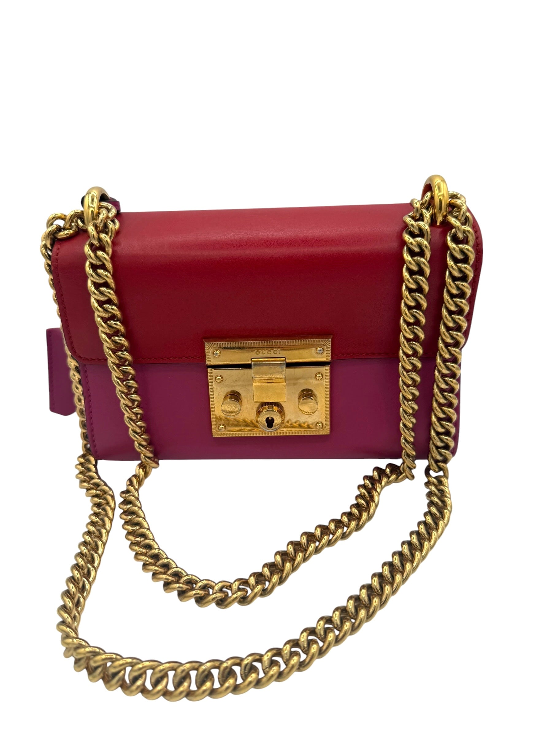 Gucci Bicolor Leather Padlock Small Chain Shoulder Bag In Red & Pink