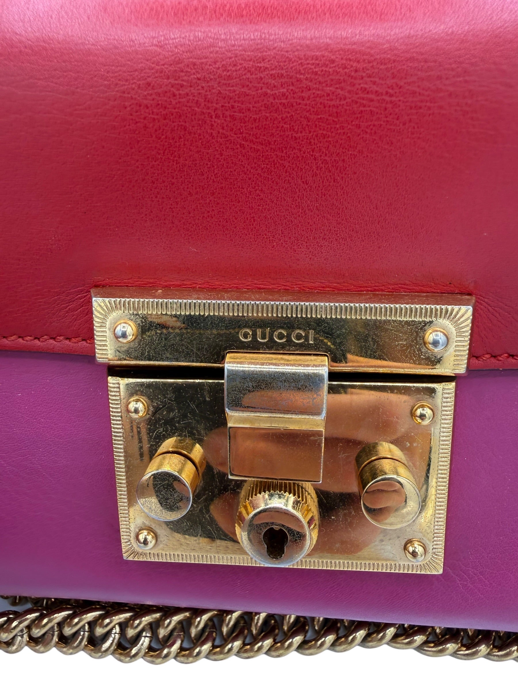 Gucci Bicolor Leather Padlock Small Chain Shoulder Bag In Red & Pink