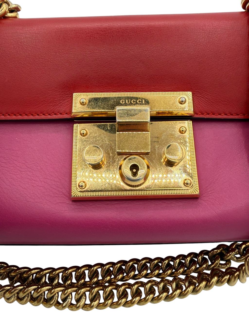 Gucci Bicolor Leather Padlock Small Chain Shoulder Bag In Red & Pink