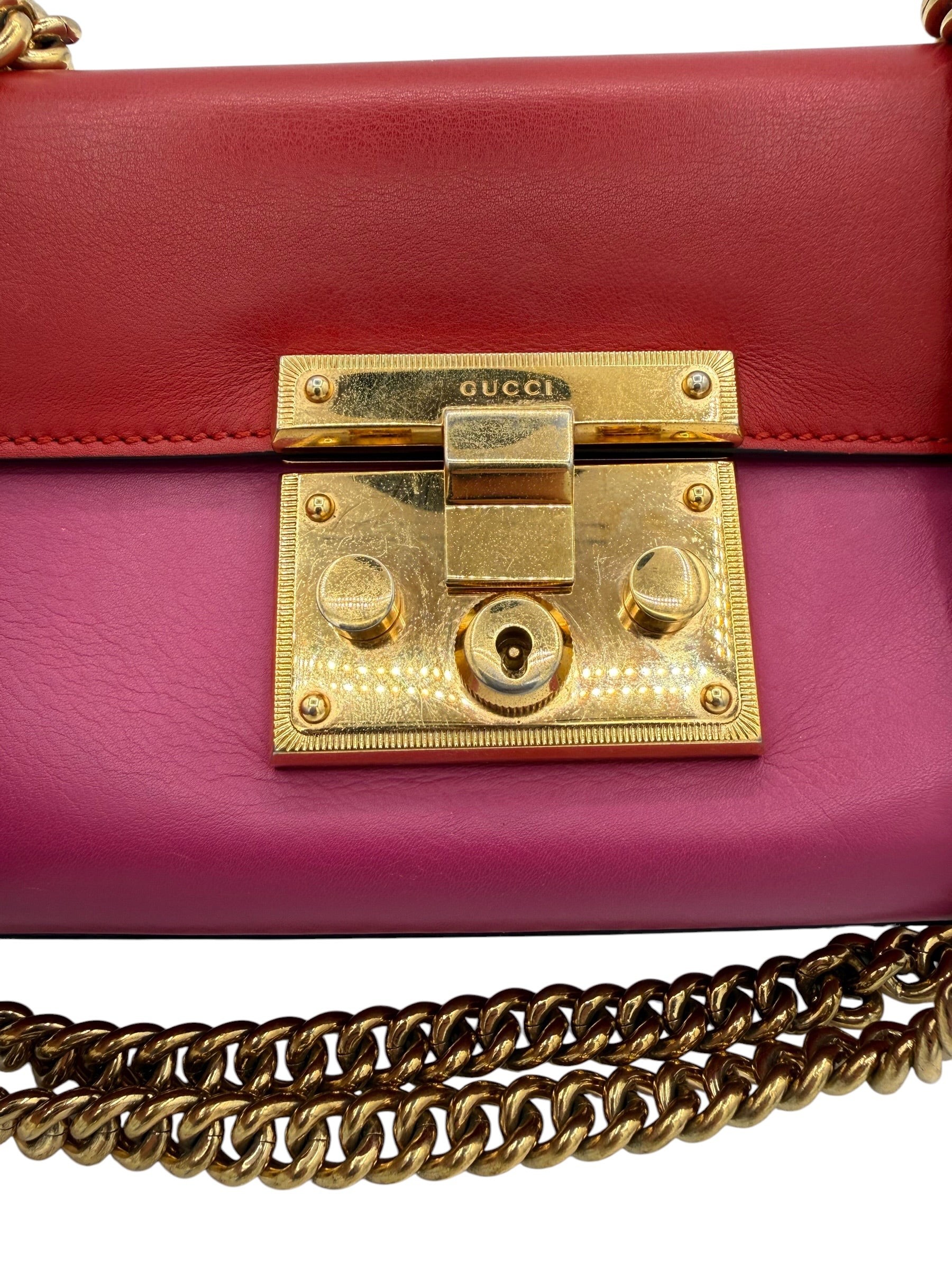 Gucci Bicolor Leather Padlock Small Chain Shoulder Bag In Red & Pink