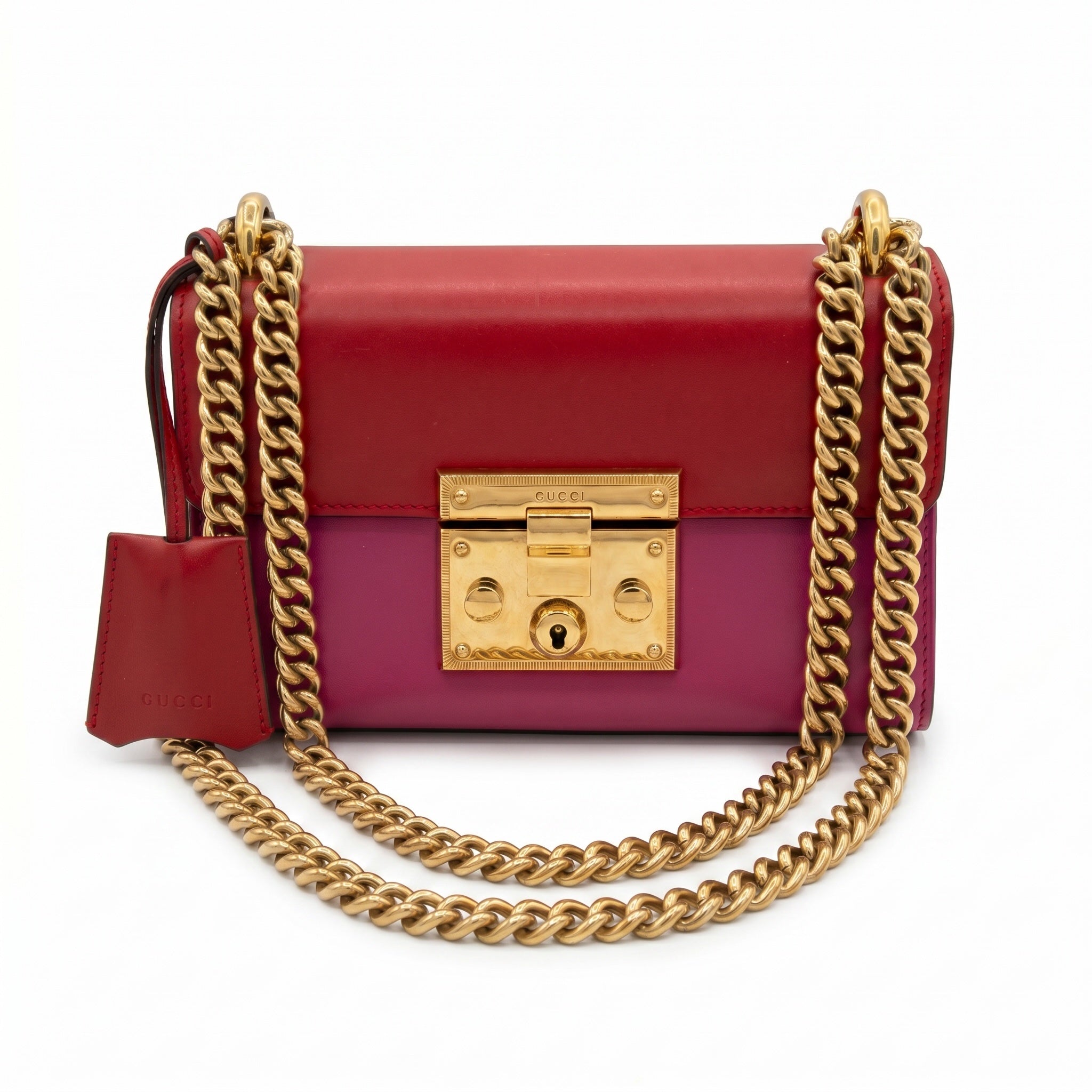 Gucci Bicolor Leather Padlock Small Chain Shoulder Bag In Red & Pink
