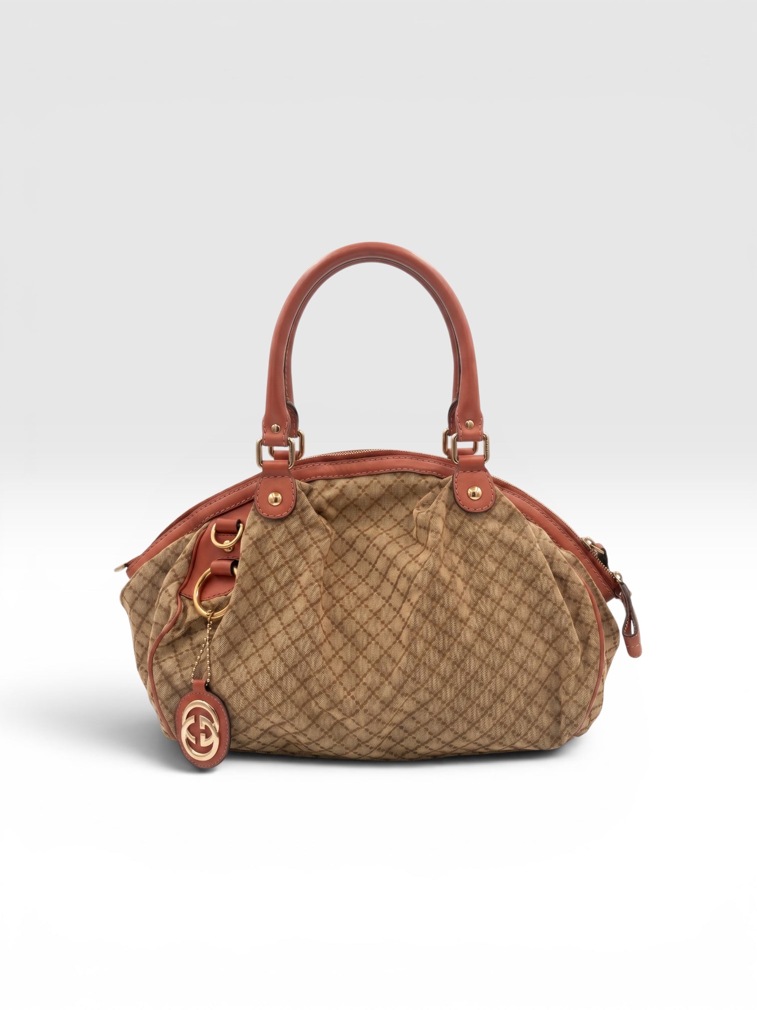Gucci Vintage Sukey Diamante Canvas Peach Leather Medium Boston Bag
