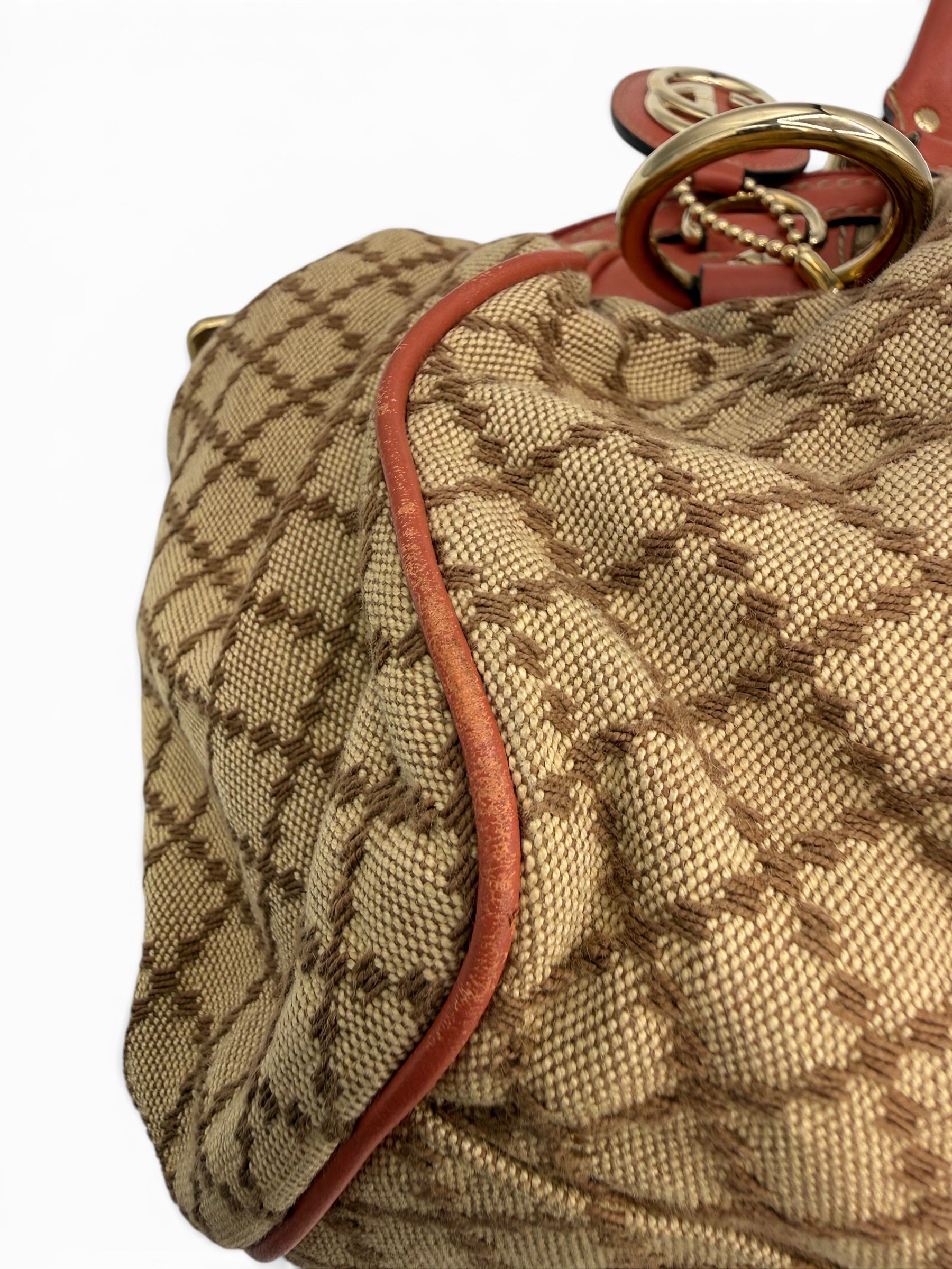Gucci Vintage Sukey Diamante Canvas Peach Leather Medium Boston Bag