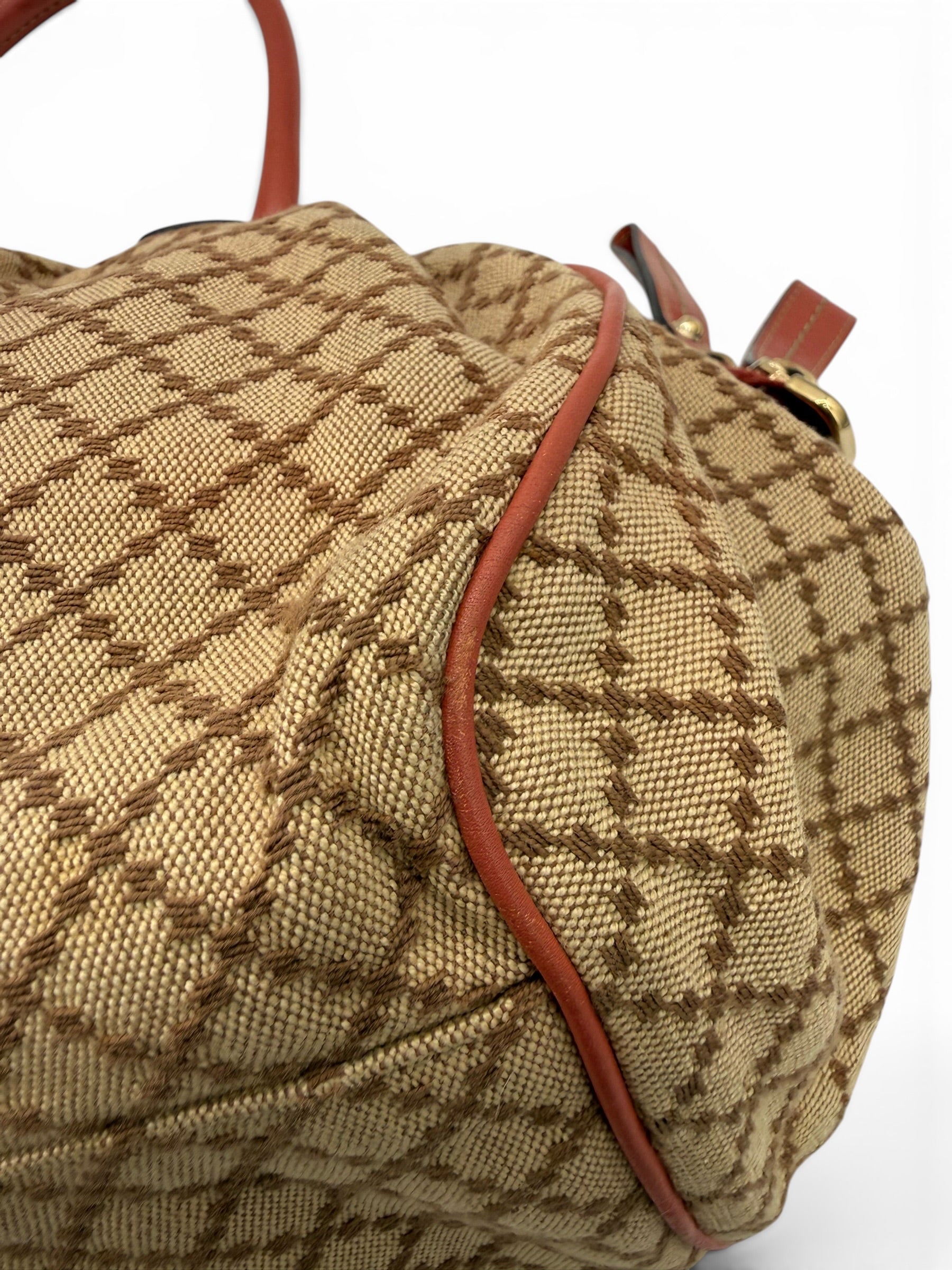 Gucci Vintage Sukey Diamante Canvas Peach Leather Medium Boston Bag