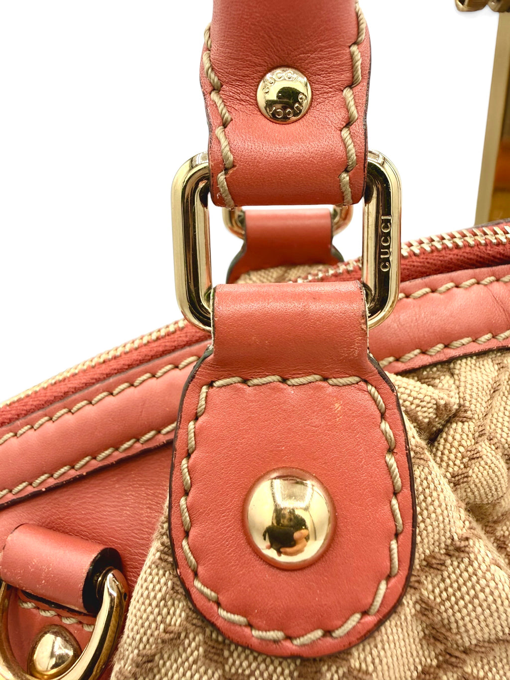 Gucci Vintage Sukey Diamante Canvas Peach Leather Medium Boston Bag