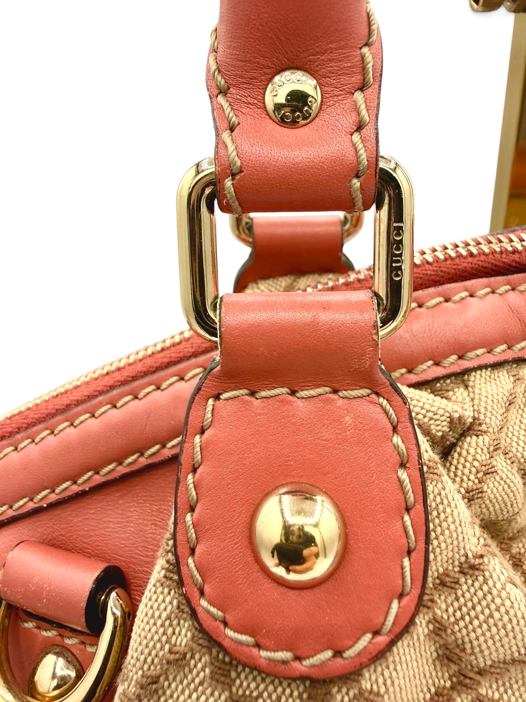 Gucci Vintage Sukey Diamante Canvas Peach Leather Medium Boston Bag