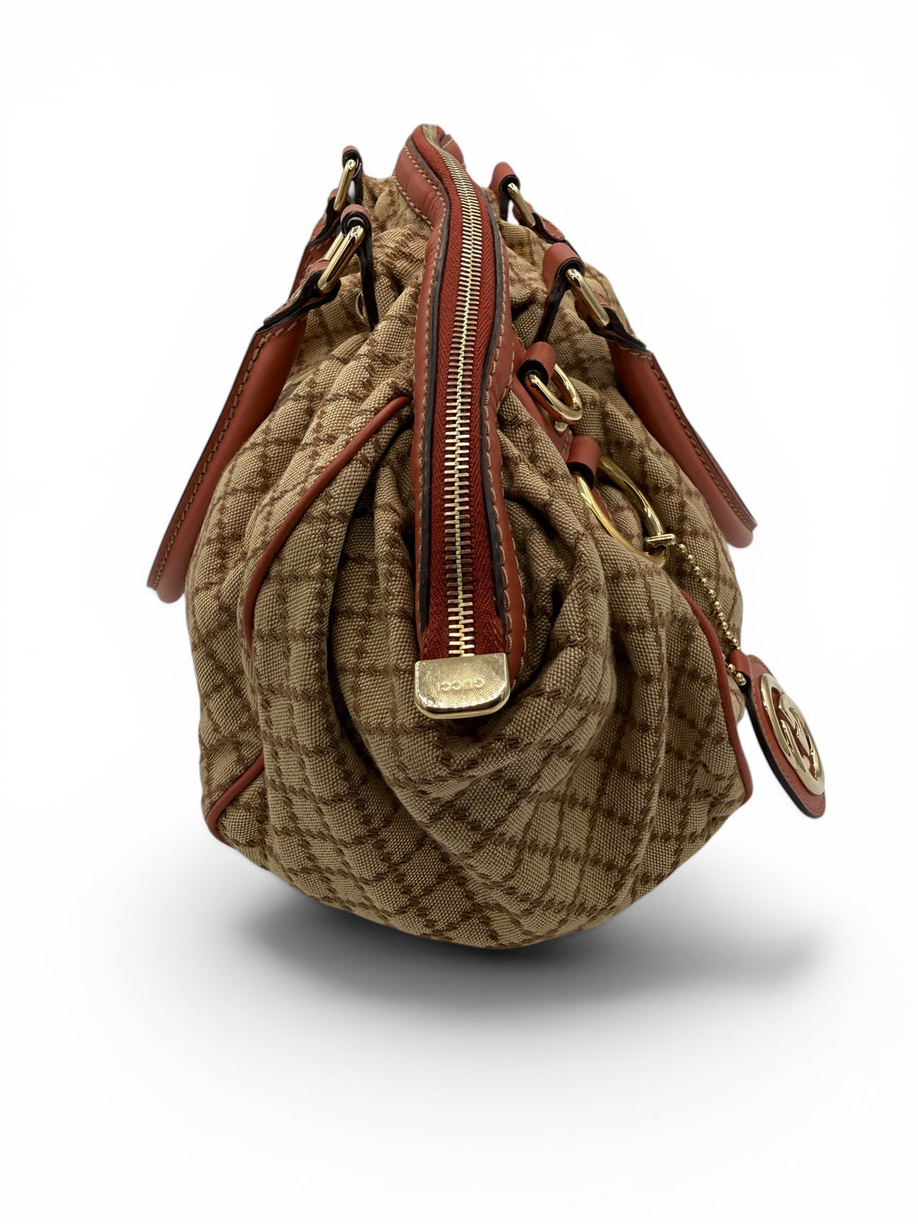 Gucci Vintage Sukey Diamante Canvas Peach Leather Medium Boston Bag