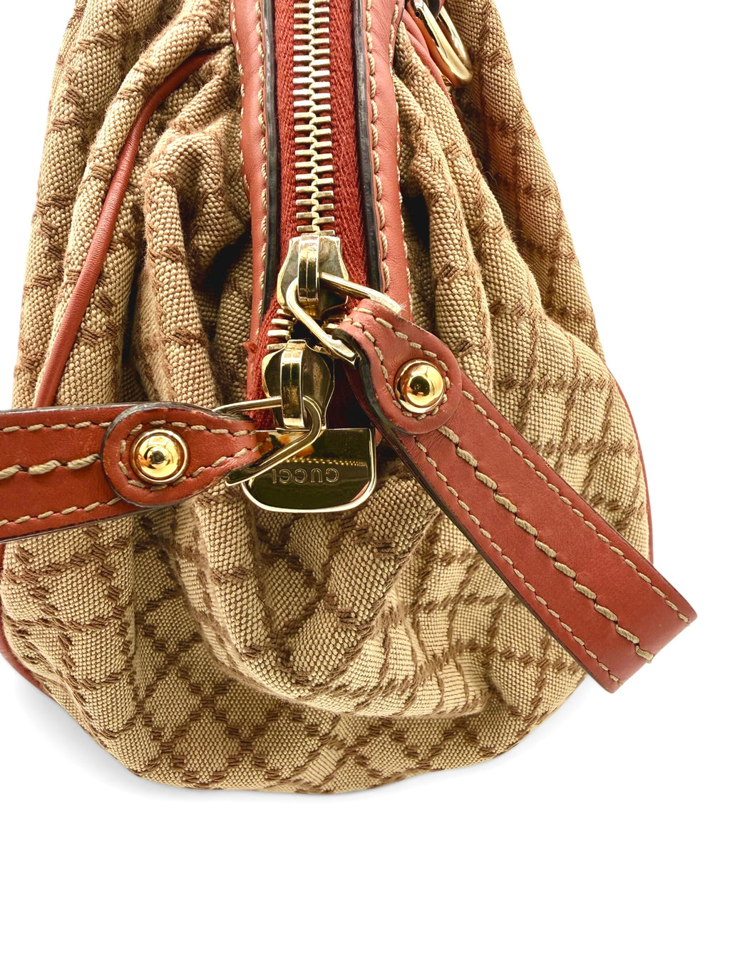 Gucci Vintage Sukey Diamante Canvas Peach Leather Medium Boston Bag