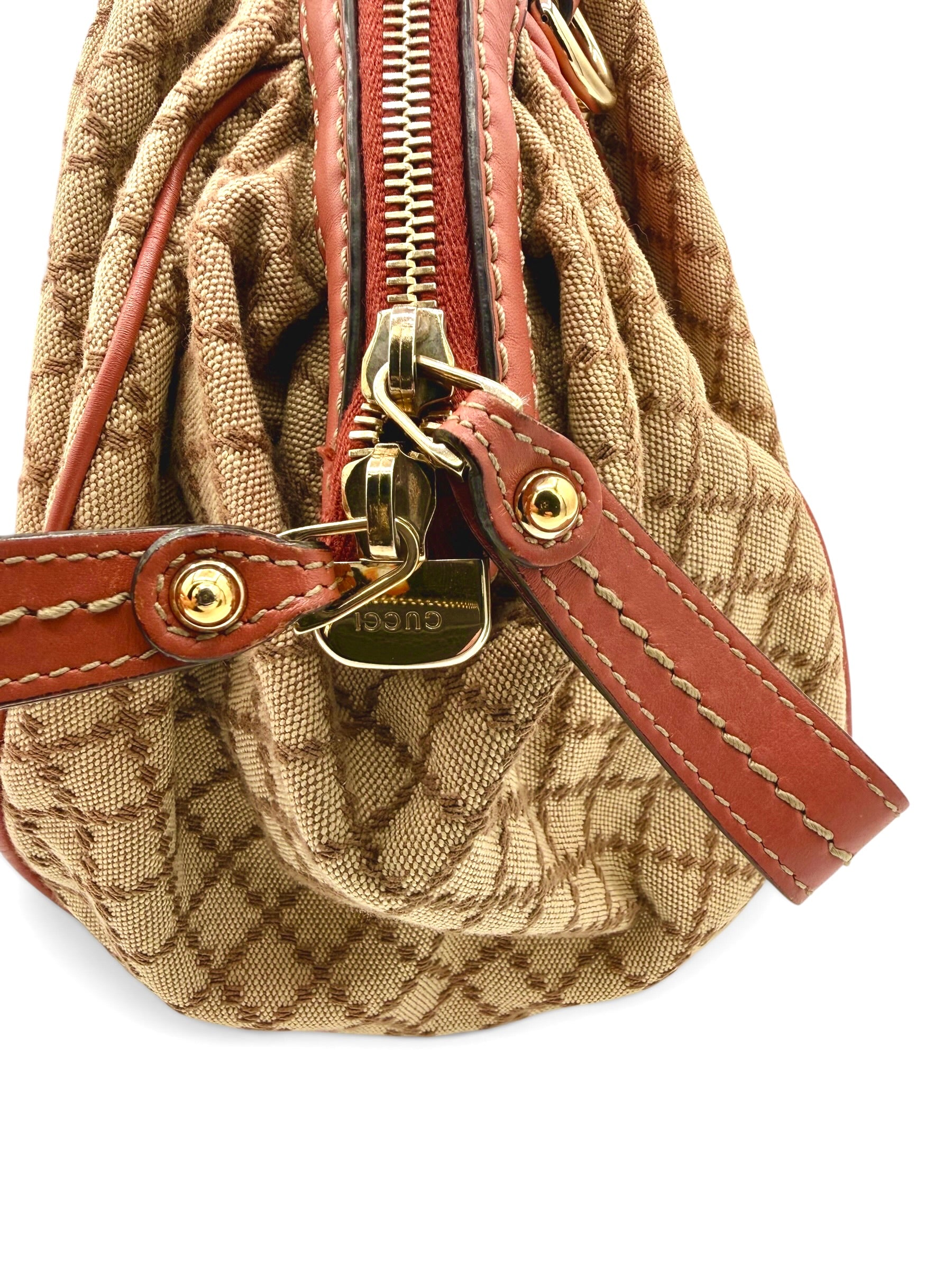 Gucci Vintage Sukey Diamante Canvas Peach Leather Medium Boston Bag