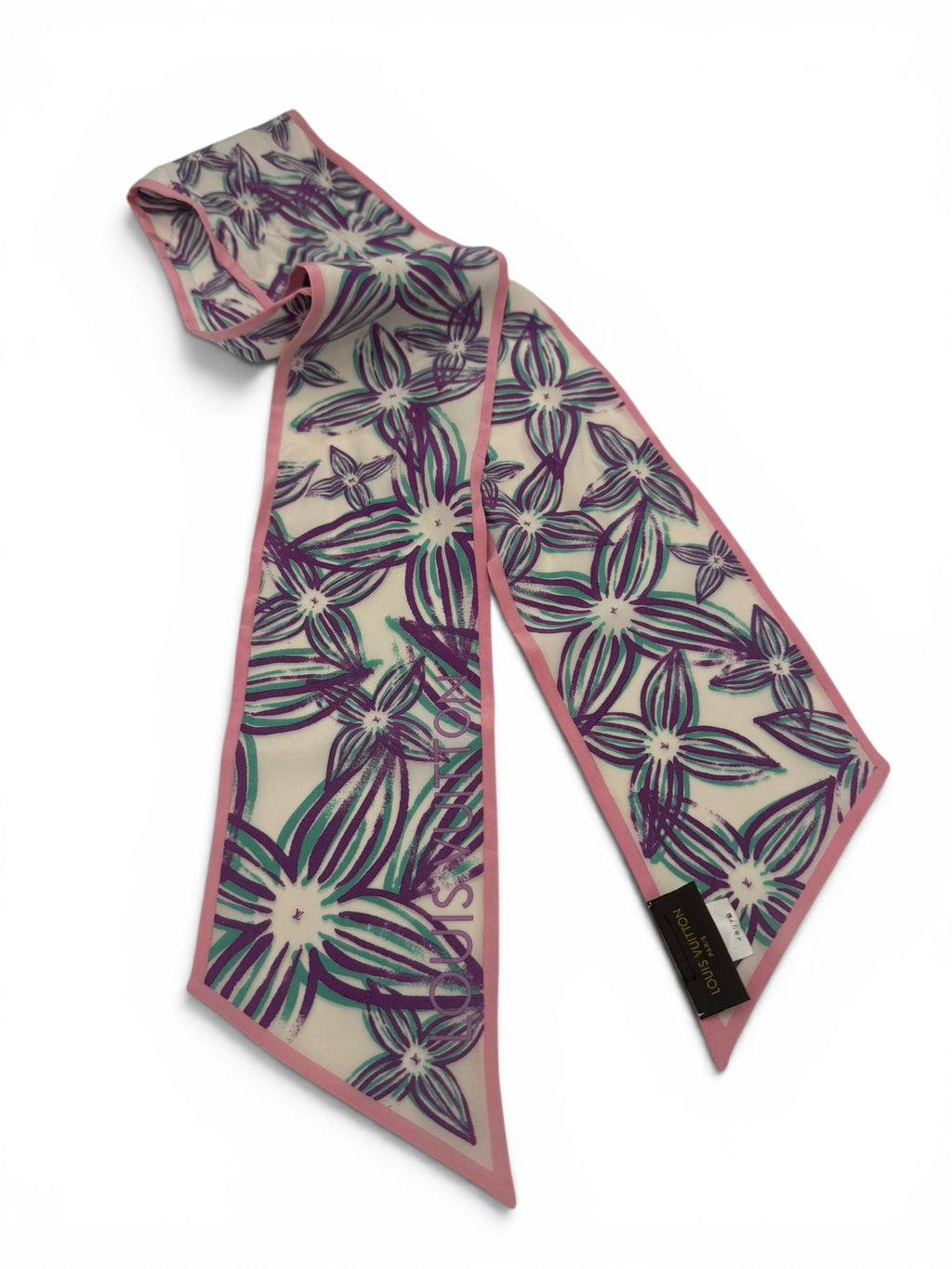 Louis Vuitton Floral Silk Bandeau Scarf Pink Purple Green Monogram Twilly