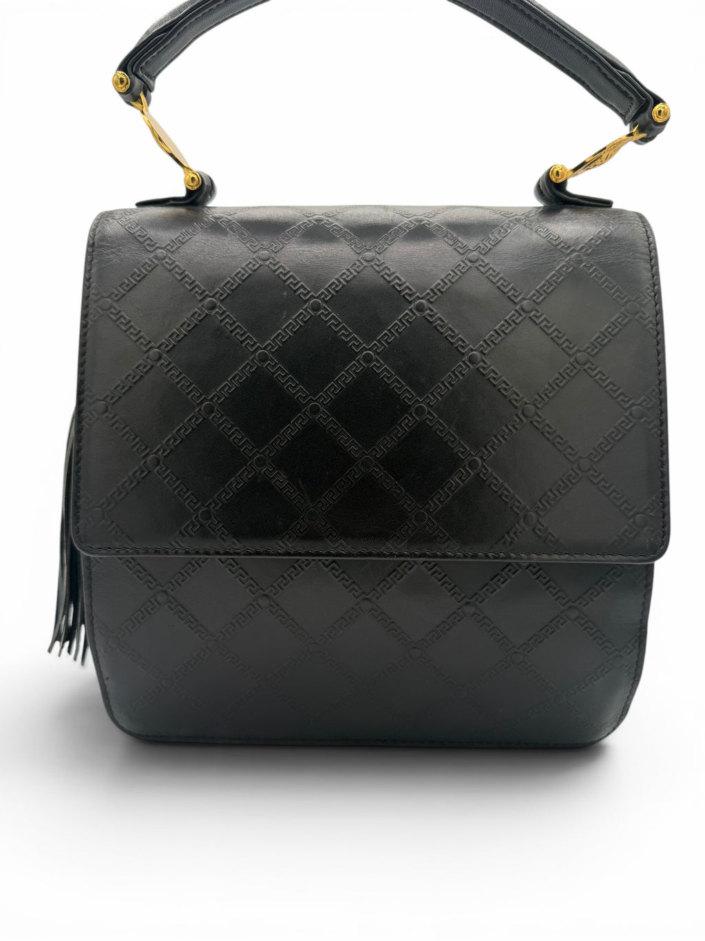 Gianni Versace Vintage Black Greek Key Leather Top Handle Bag