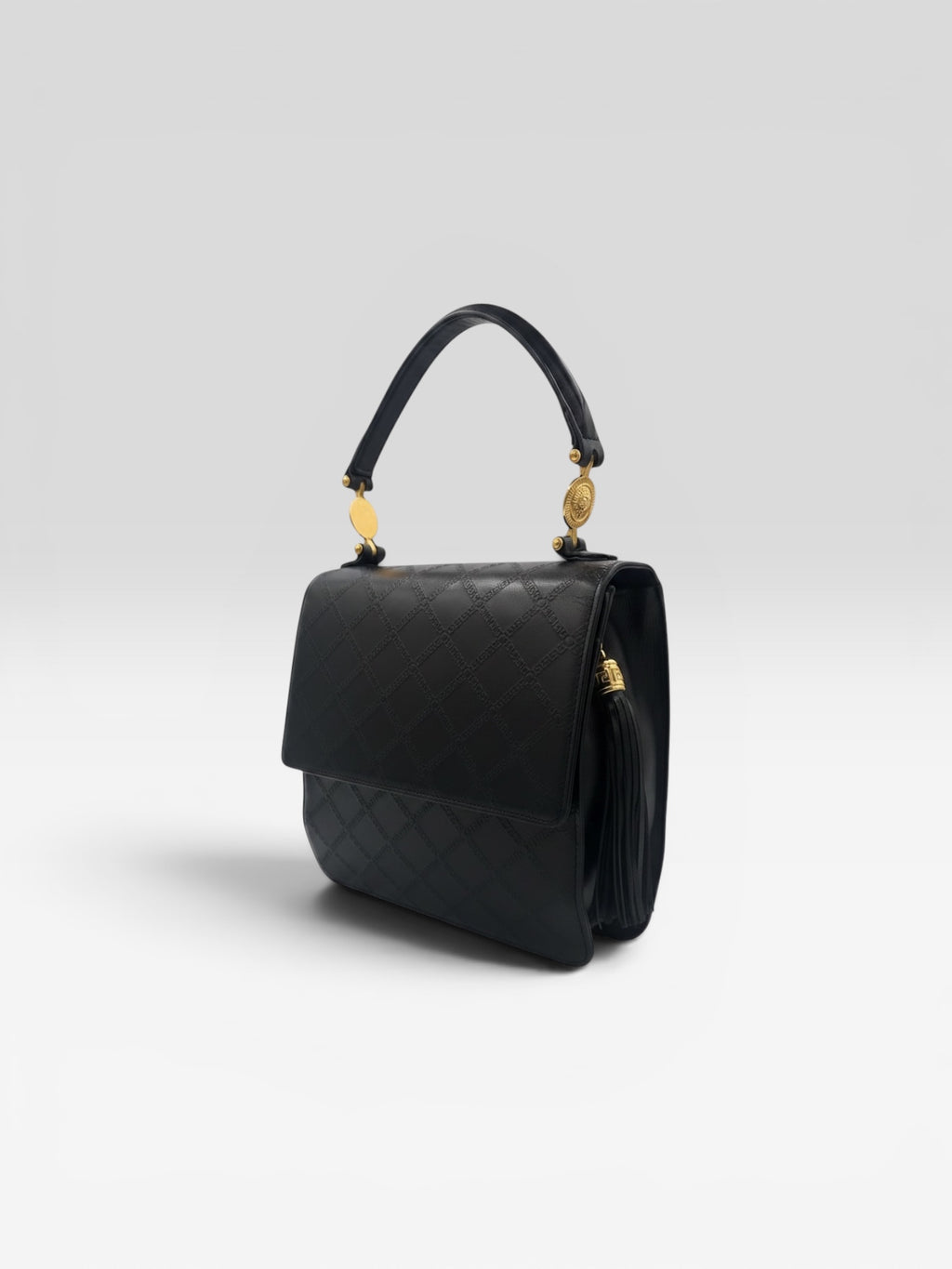 Gianni Versace Vintage Black Greek Key Leather Top Handle Bag