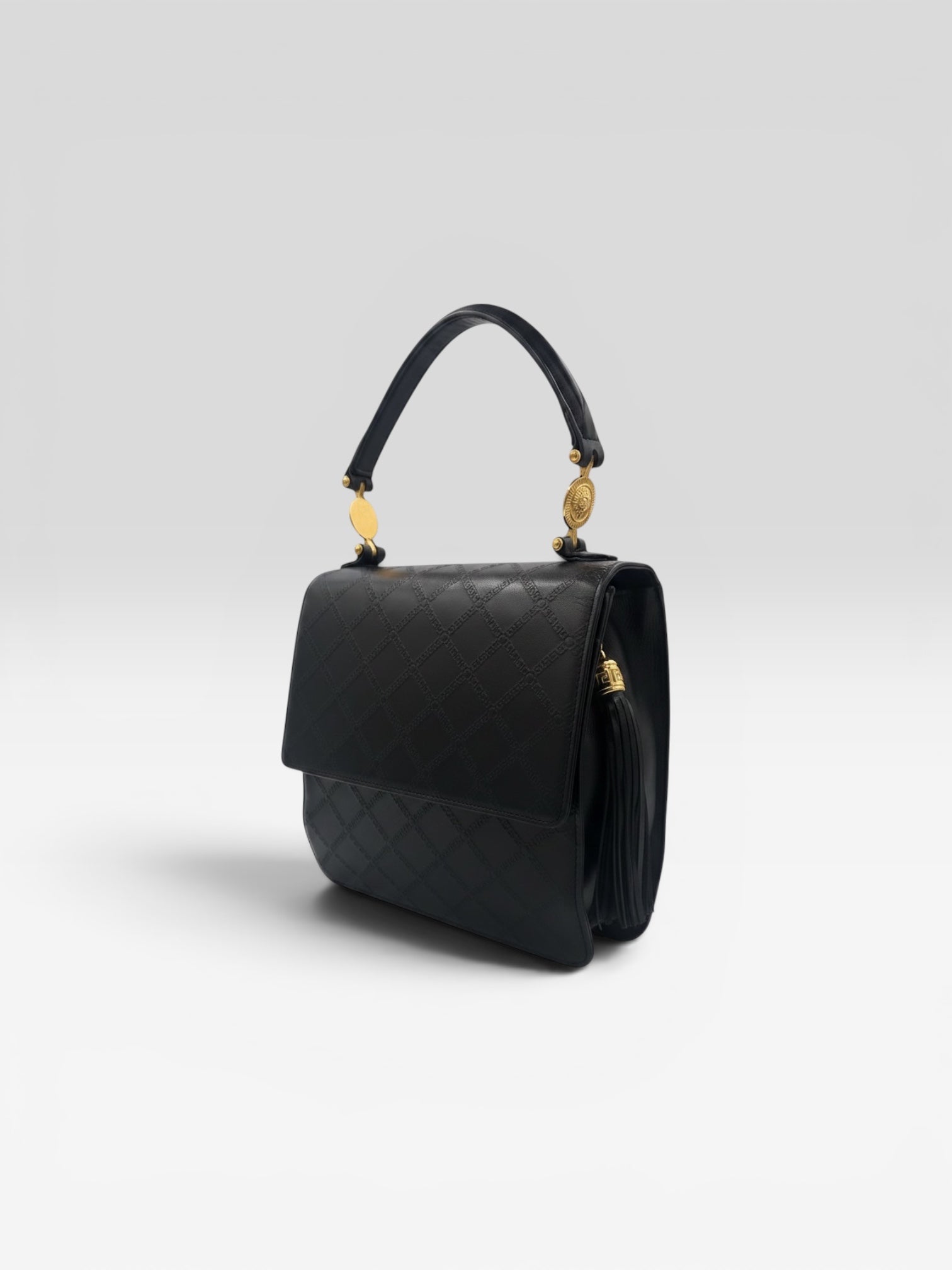 Gianni Versace Vintage Black Greek Key Leather Top Handle Bag