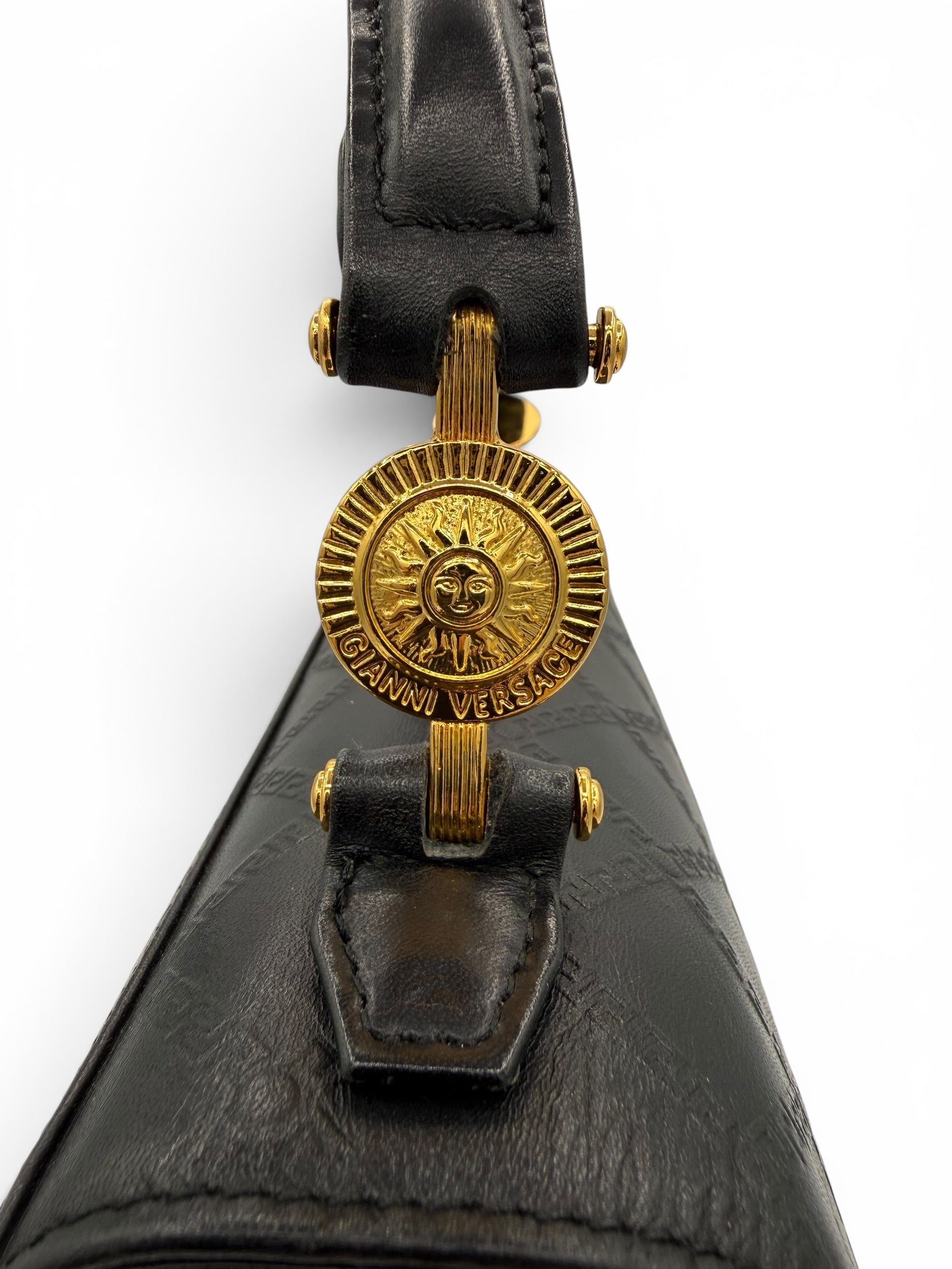 Gianni Versace Vintage Black Greek Key Leather Top Handle Bag