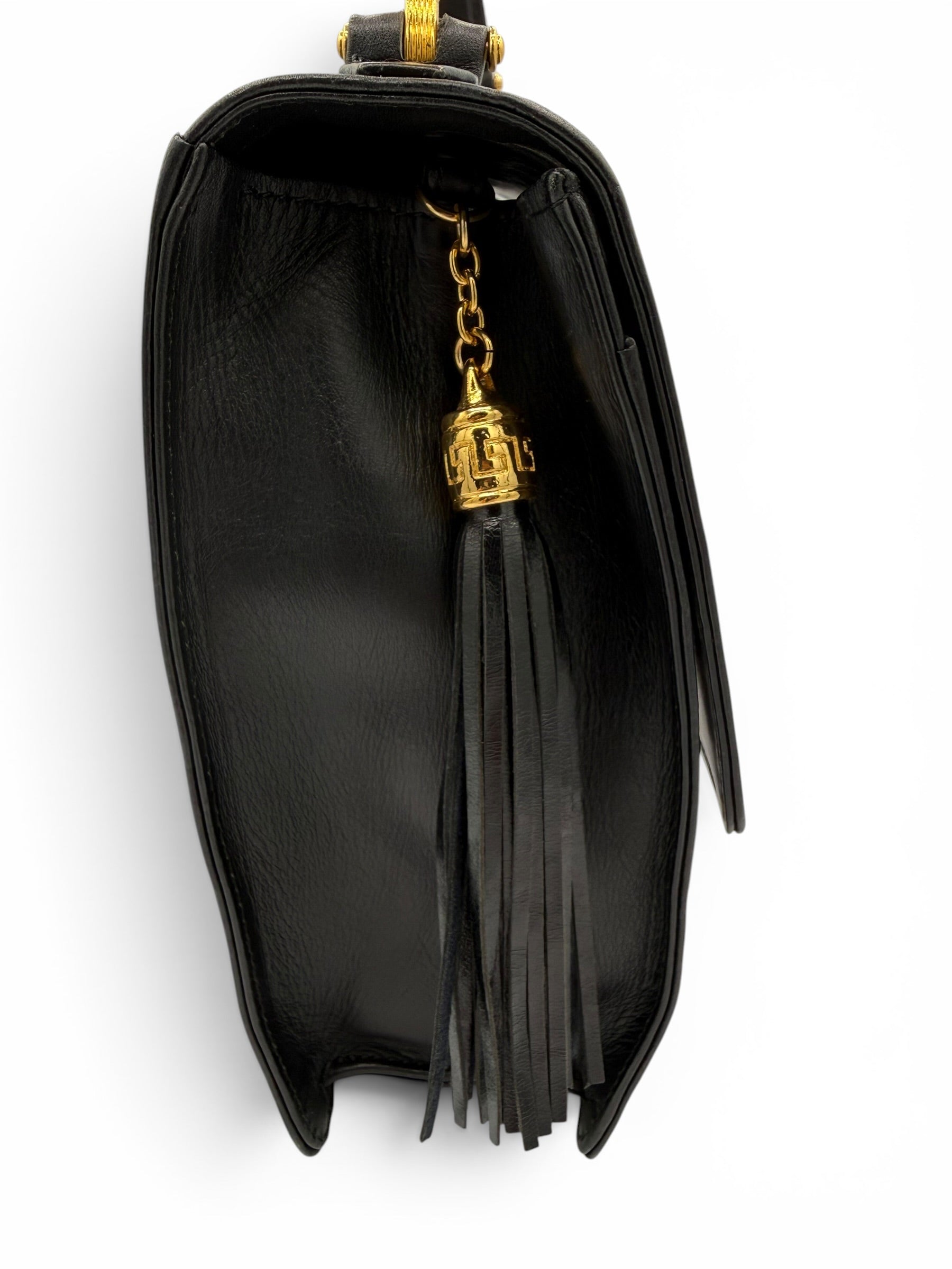 Gianni Versace Vintage Black Greek Key Leather Top Handle Bag