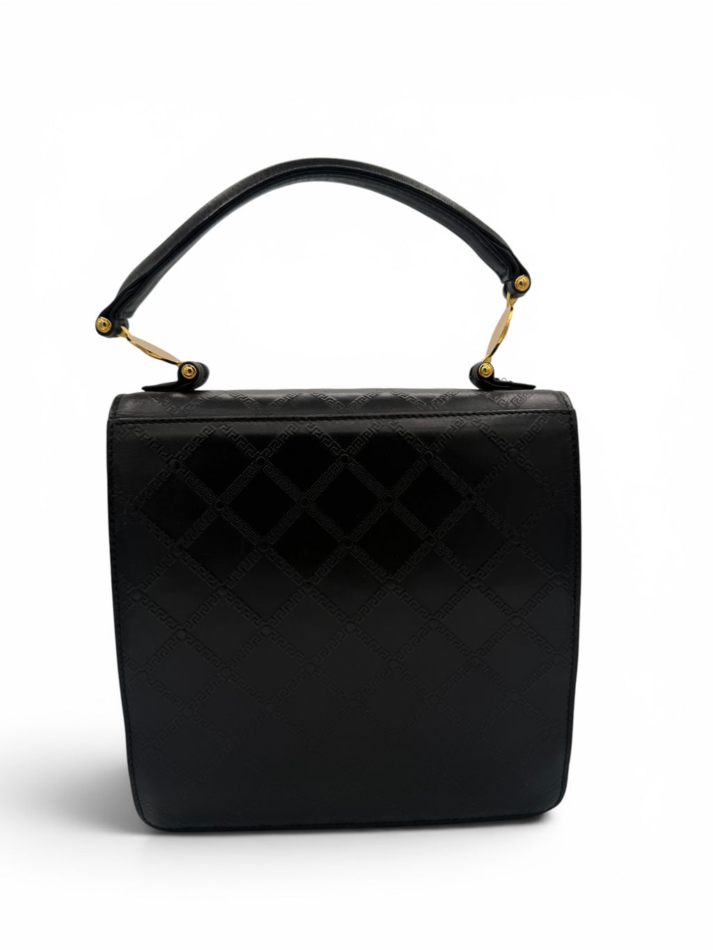 Gianni Versace Vintage Black Greek Key Leather Top Handle Bag