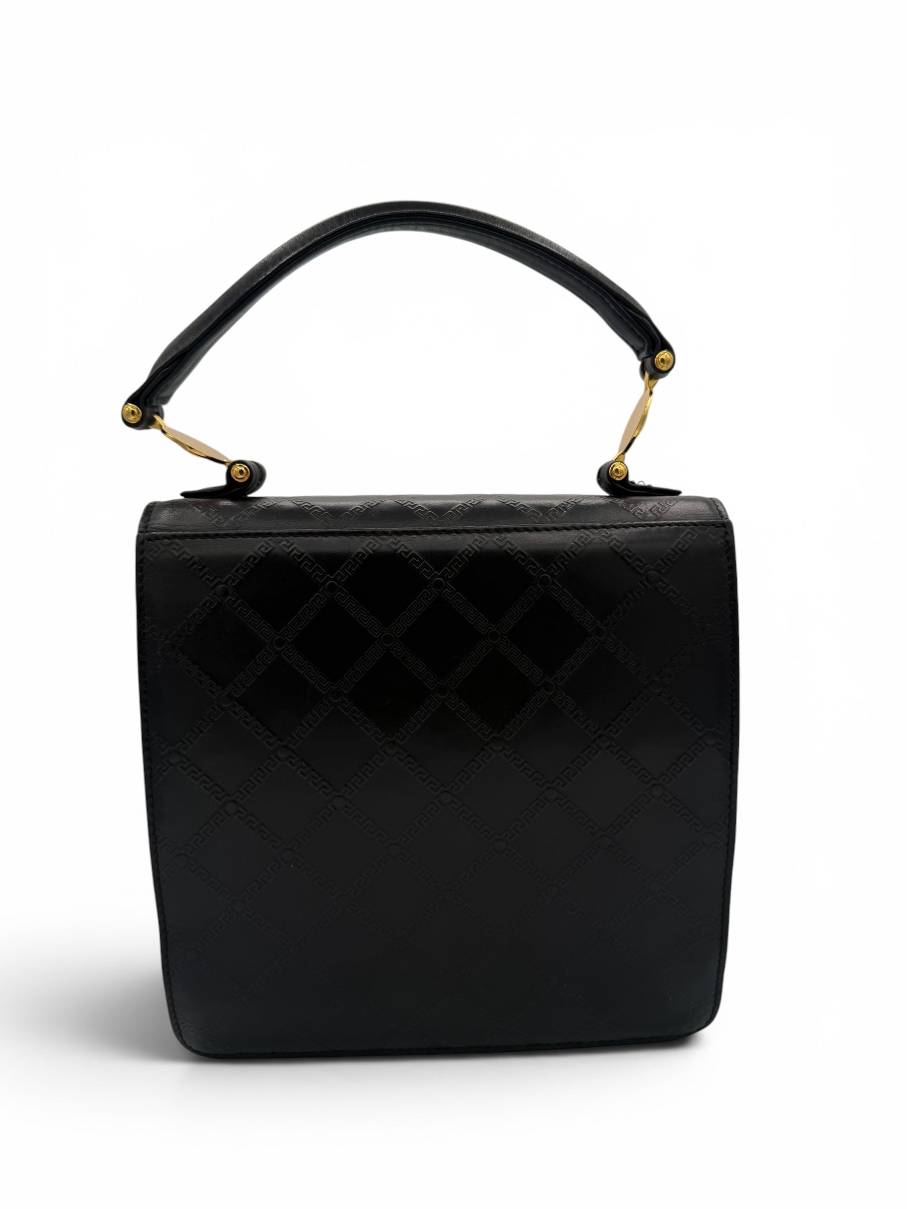 Gianni Versace Vintage Black Greek Key Leather Top Handle Bag