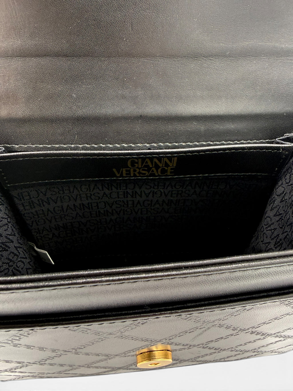 Gianni Versace Vintage Black Greek Key Leather Top Handle Bag