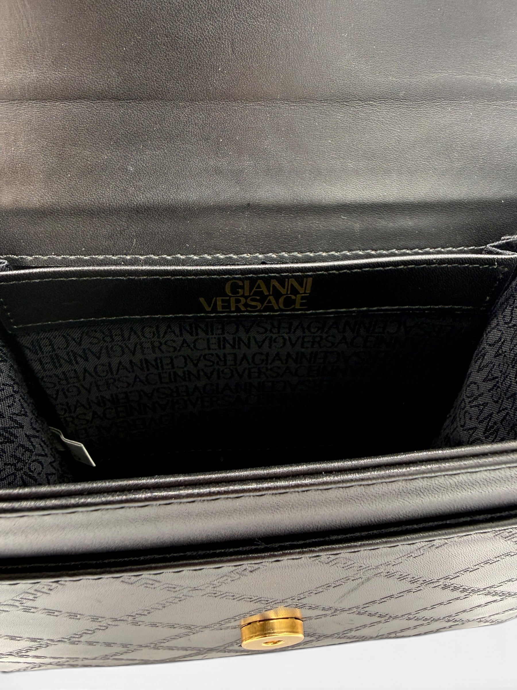 Gianni Versace Vintage Black Greek Key Leather Top Handle Bag
