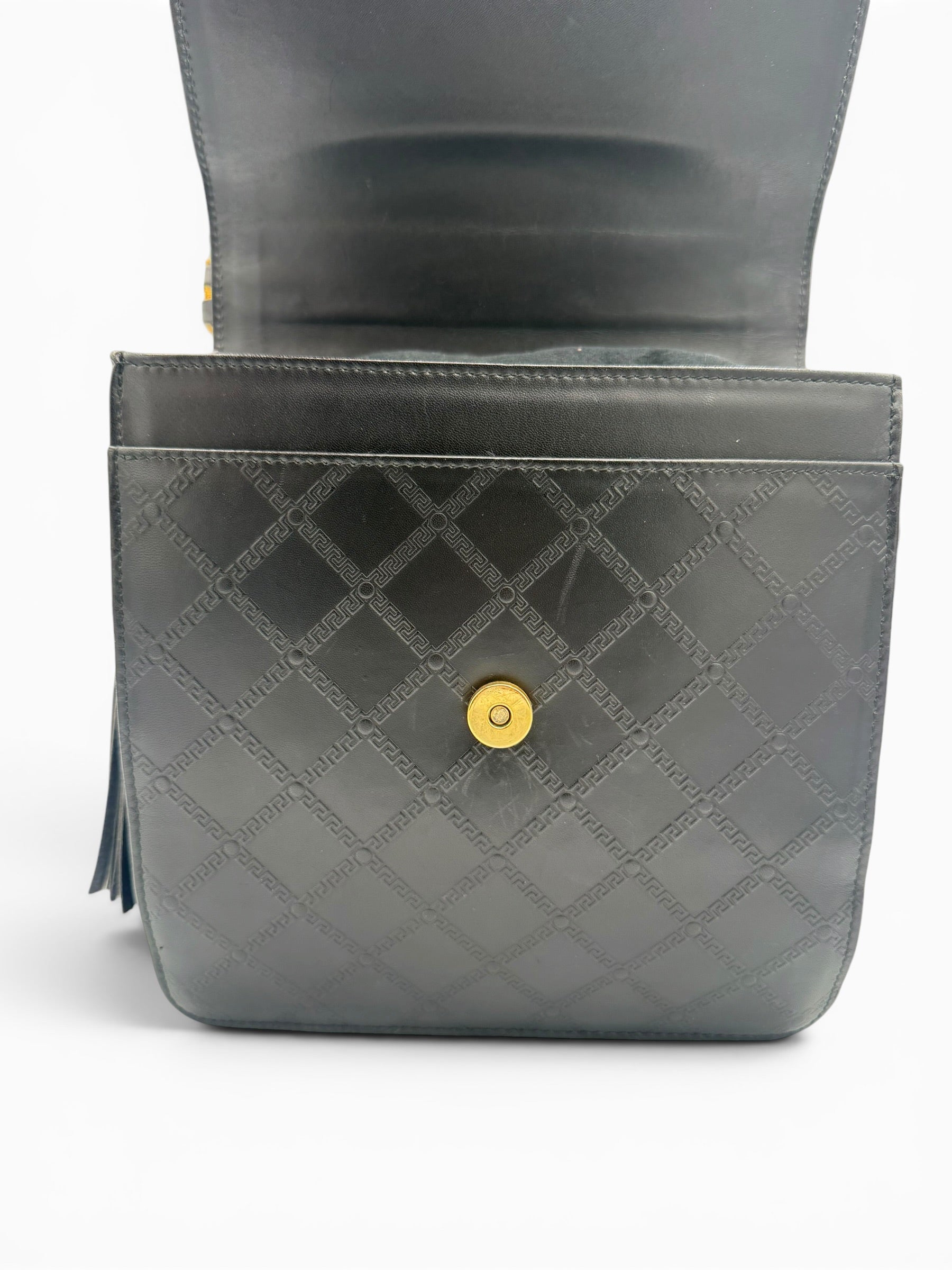 Gianni Versace Vintage Black Greek Key Leather Top Handle Bag
