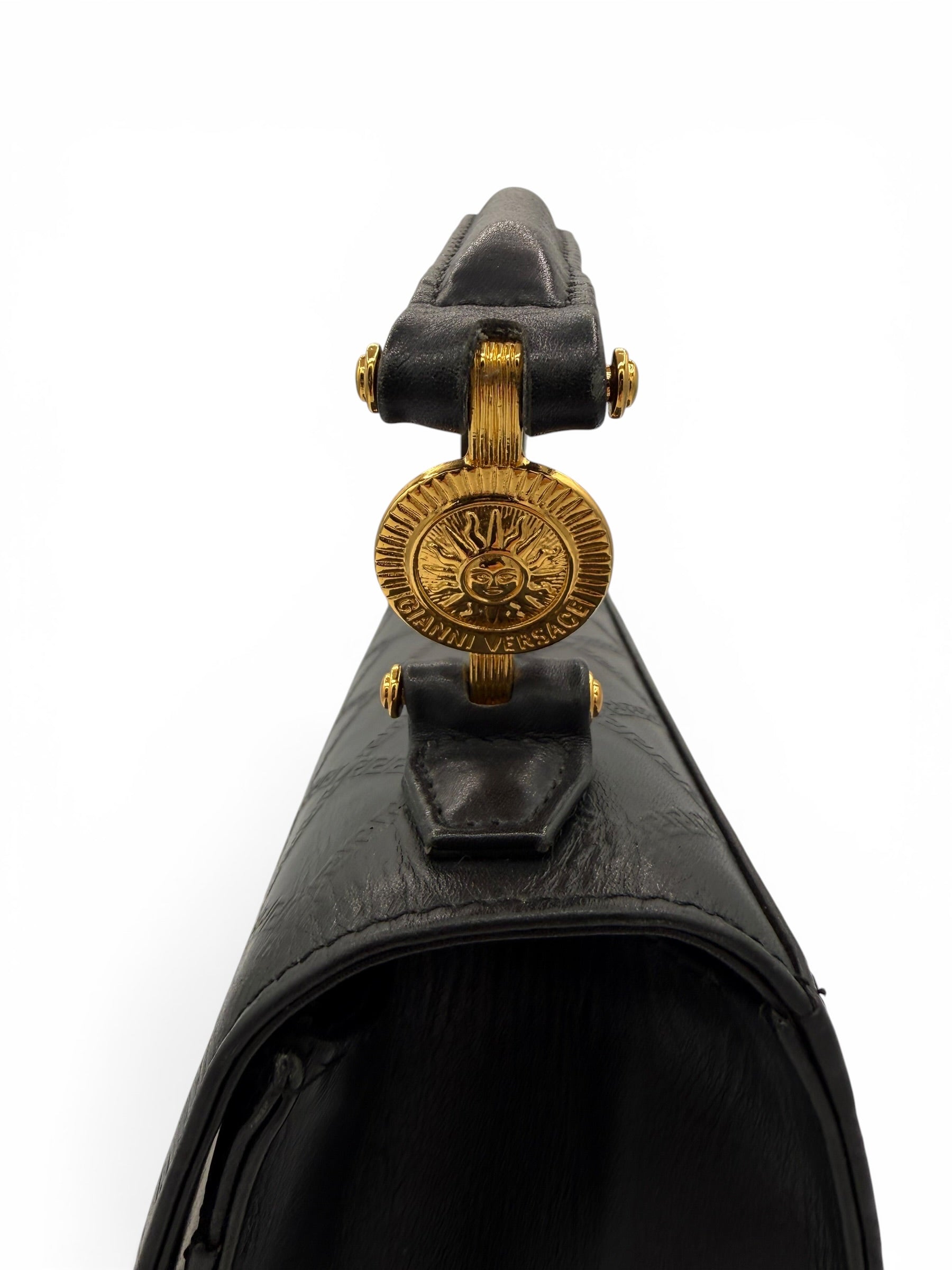 Gianni Versace Vintage Black Greek Key Leather Top Handle Bag