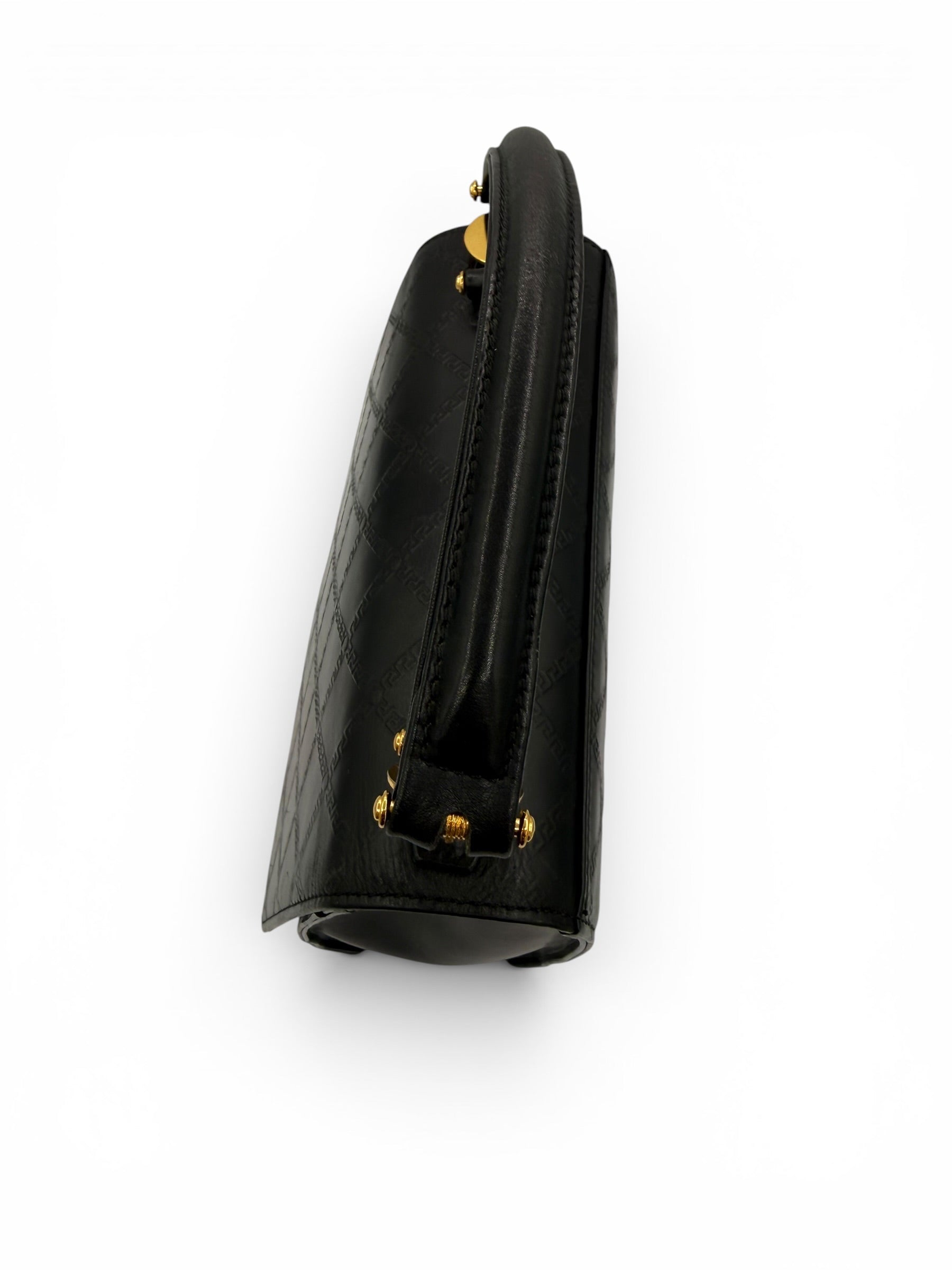 Gianni Versace Vintage Black Greek Key Leather Top Handle Bag