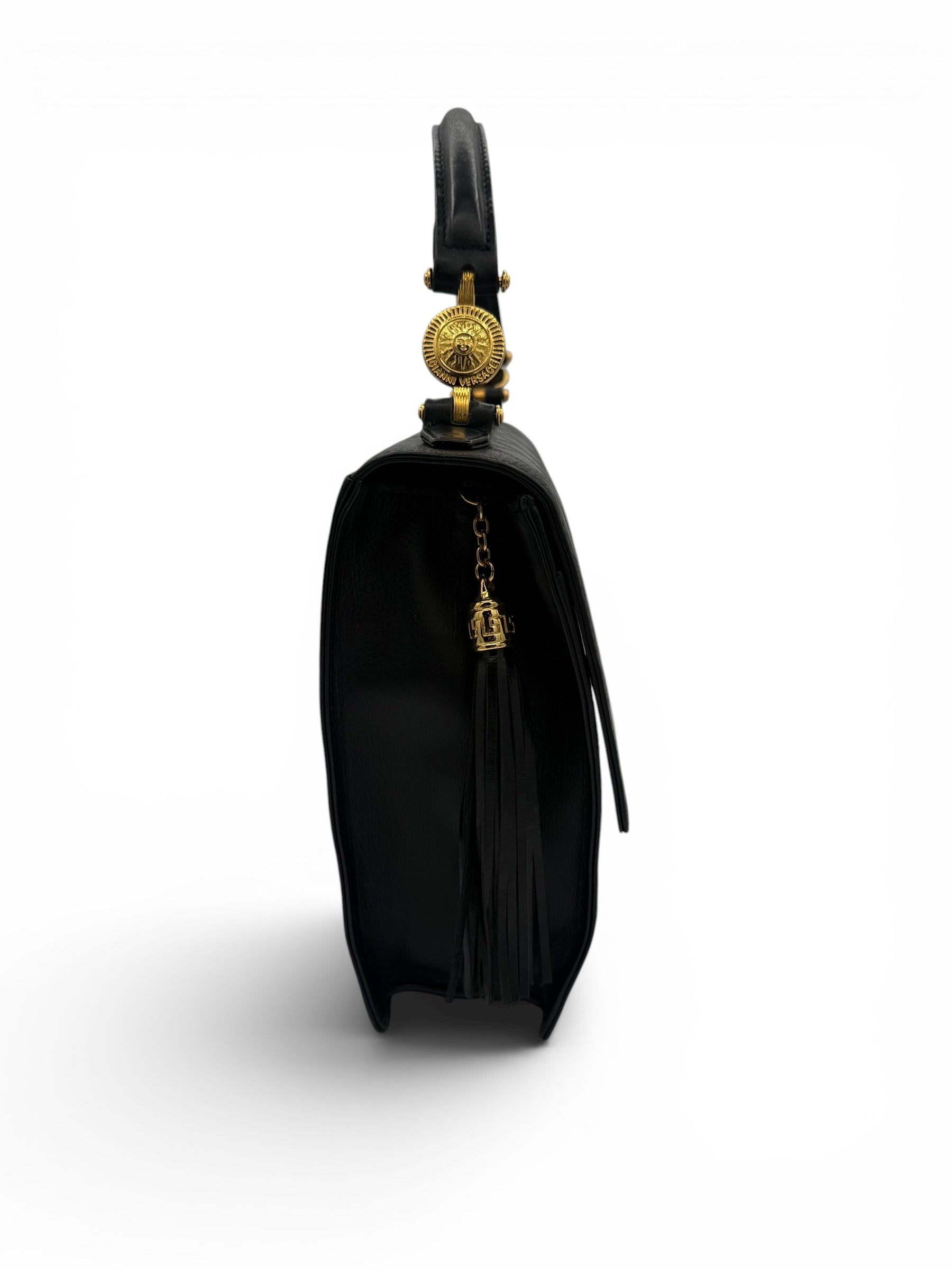 Gianni Versace Vintage Black Greek Key Leather Top Handle Bag