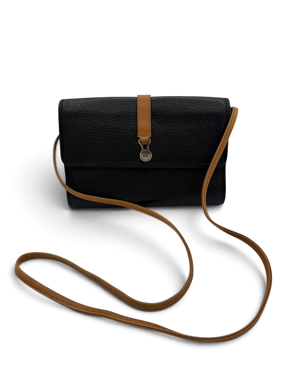 Christian Dior Vintage Black Leather Crossbody Bag w/ Brown Strap