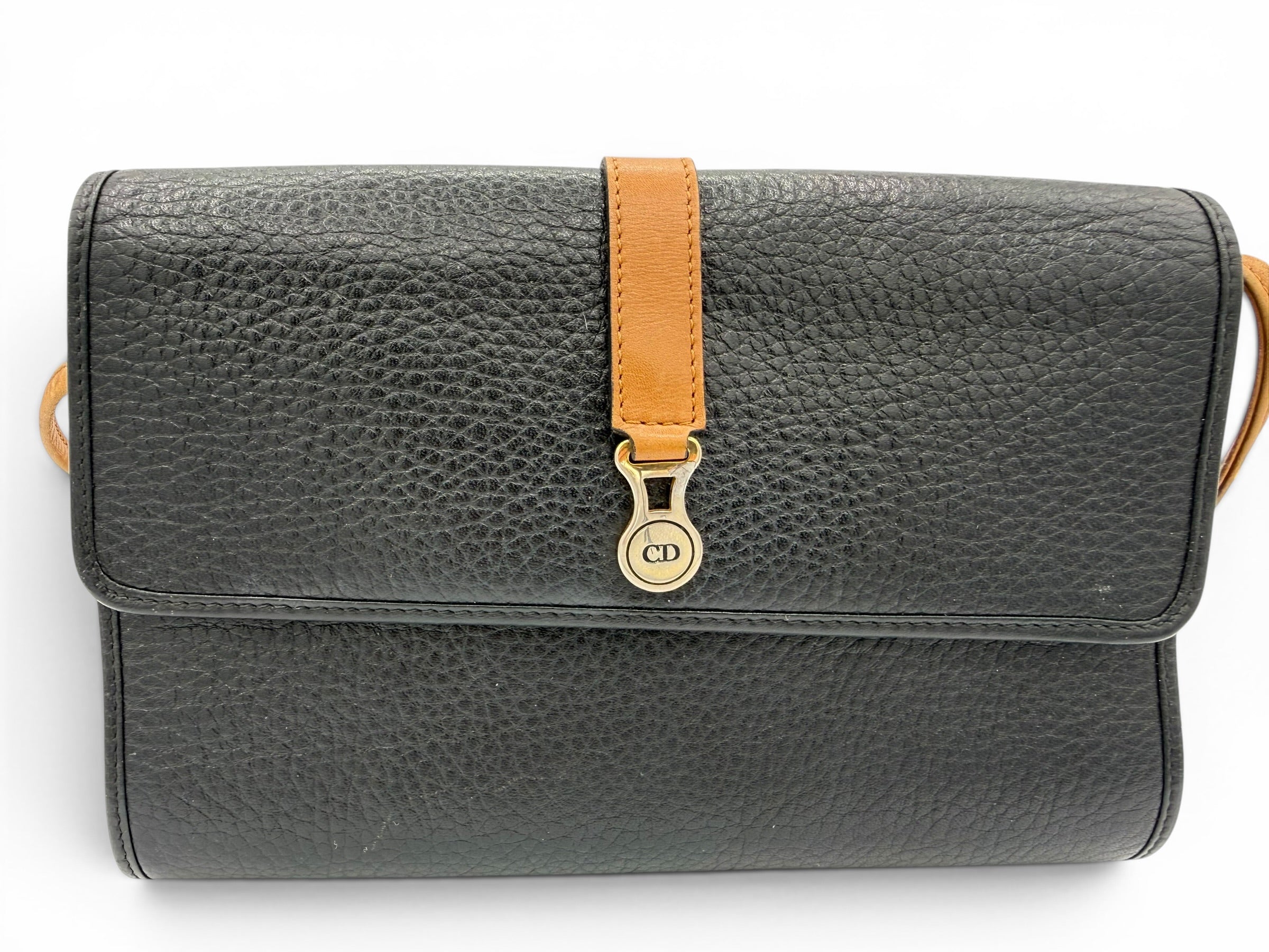 Christian Dior Vintage Black Leather Crossbody Bag w/ Brown Strap