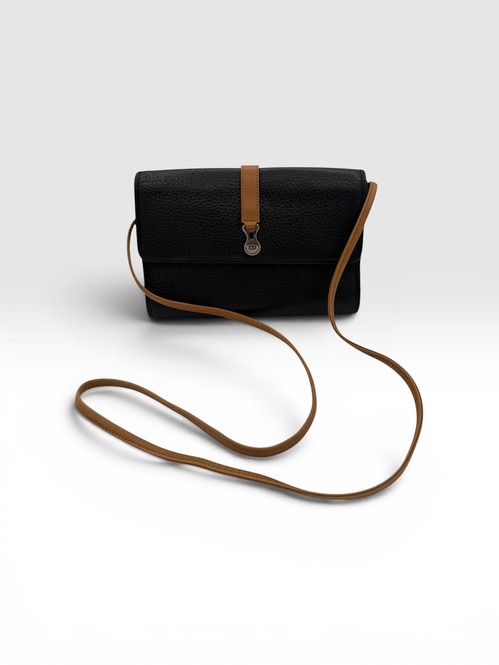 Christian Dior Vintage Black Leather Crossbody Bag w/ Brown Strap