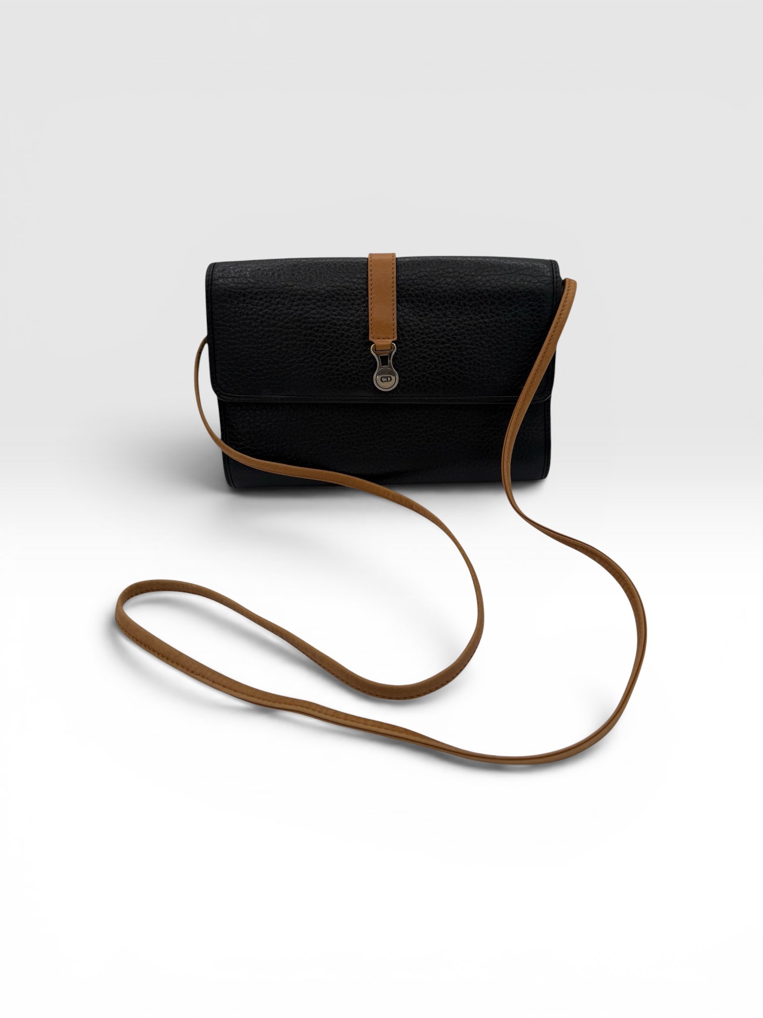Christian Dior Vintage Black Leather Crossbody Bag w/ Brown Strap