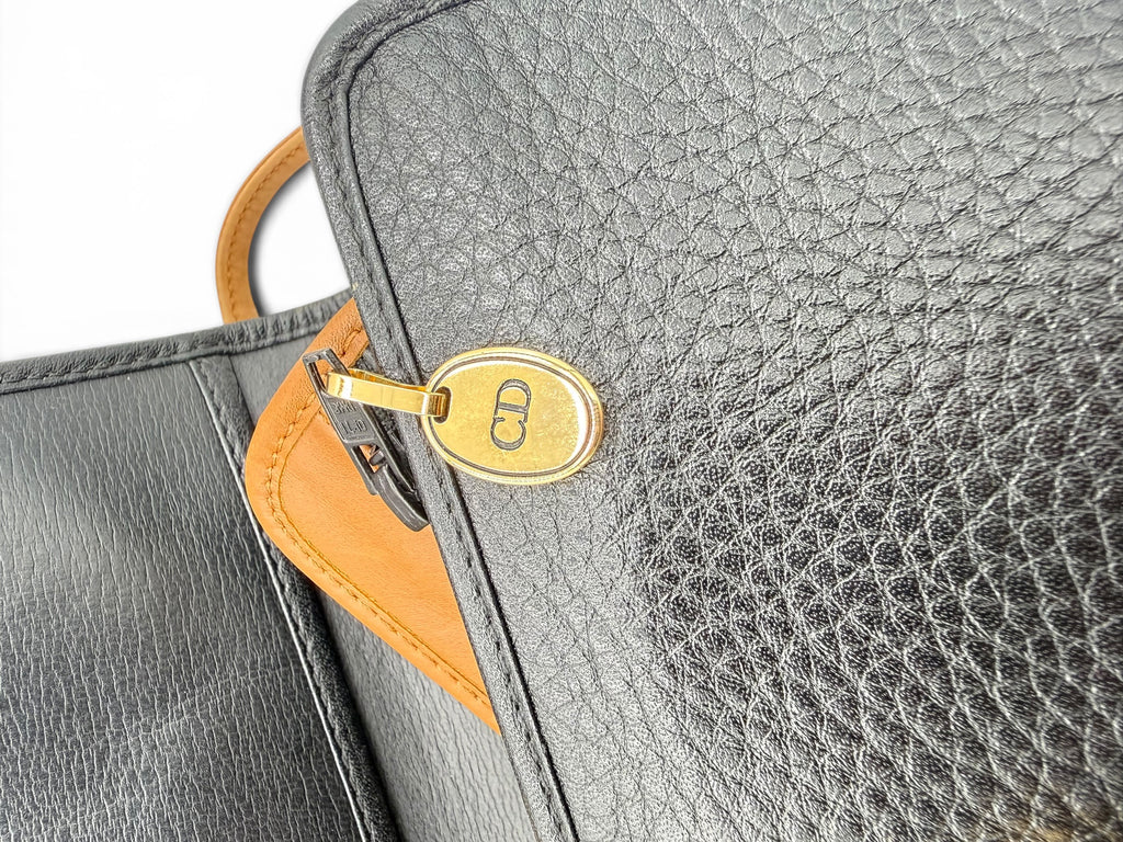 Christian Dior Vintage Black Leather Crossbody Bag w/ Brown Strap