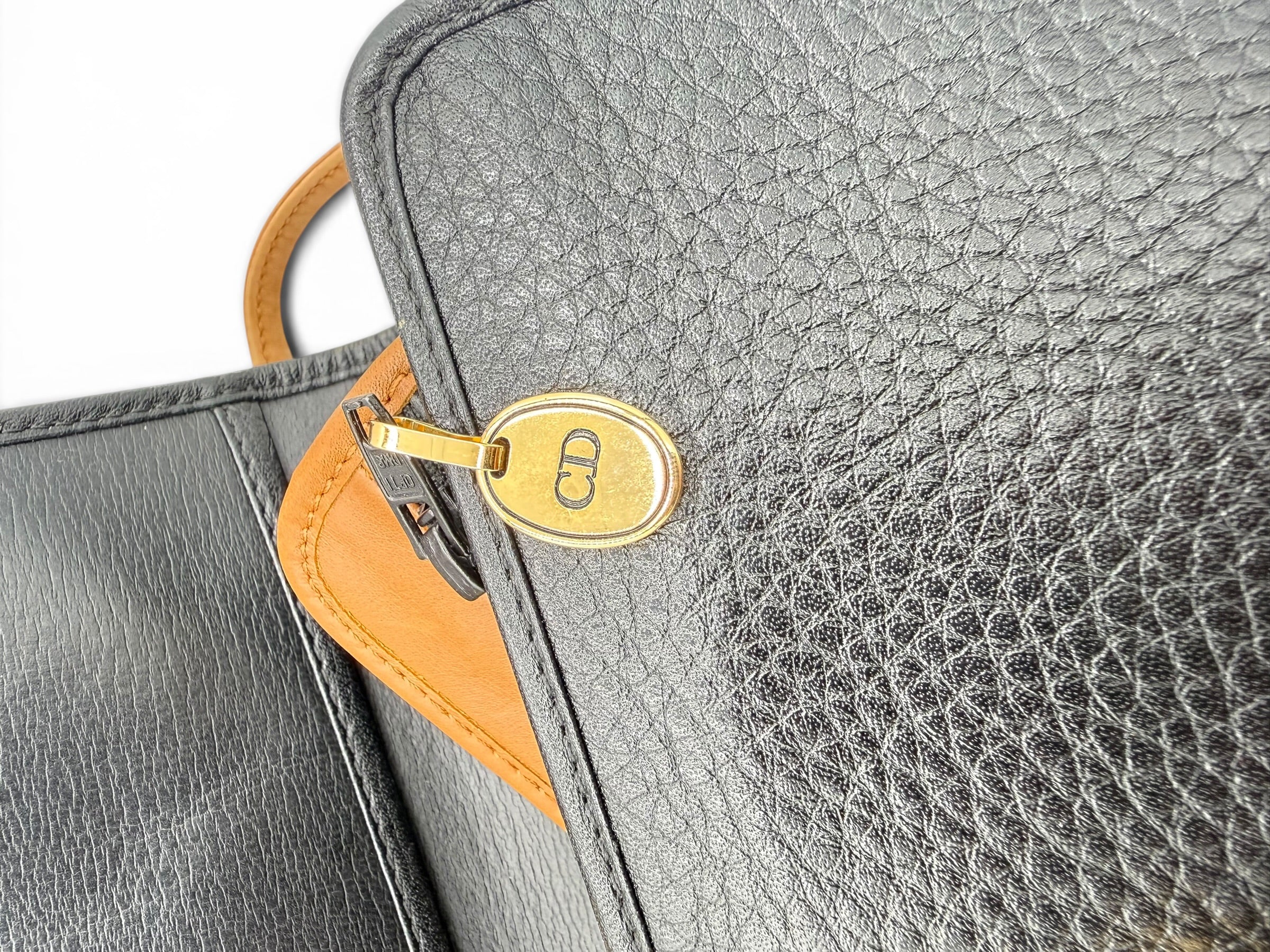 Christian Dior Vintage Black Leather Crossbody Bag w/ Brown Strap
