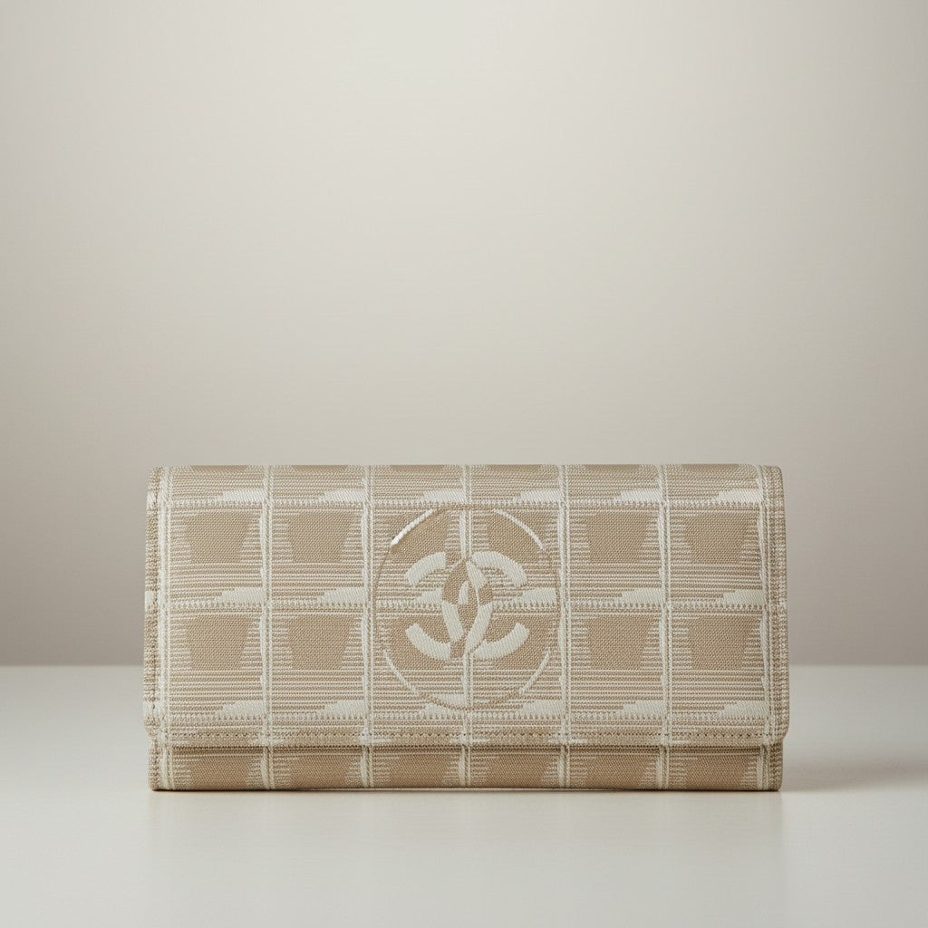 Curated Closet beige woven fabric clutch wallet with interlocking CC logo pattern. Geometric design.