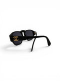 Curated Closet vintage black acetate Chanel sunglasses with gold CC logos and dark lenses. Model 01452.