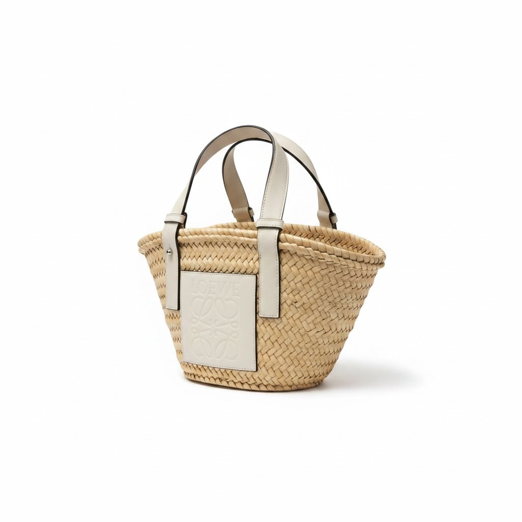 Loewe Paula's Ibiza Natural Palm Leaf Basket White Leather Anagram Tote