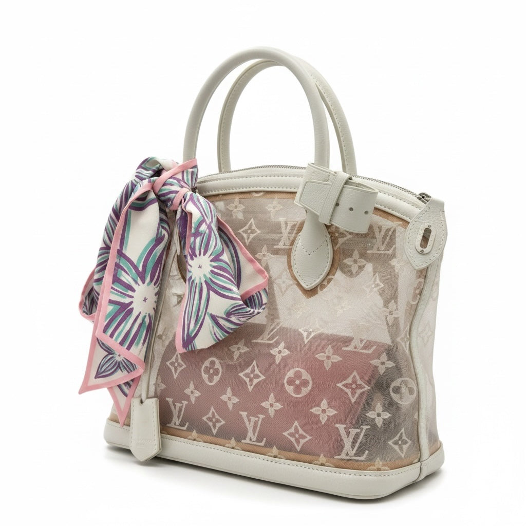 Louis Vuitton Lockit MM Monogram Mesh Tote White Cream Leather Bag w/ Lock & Keys